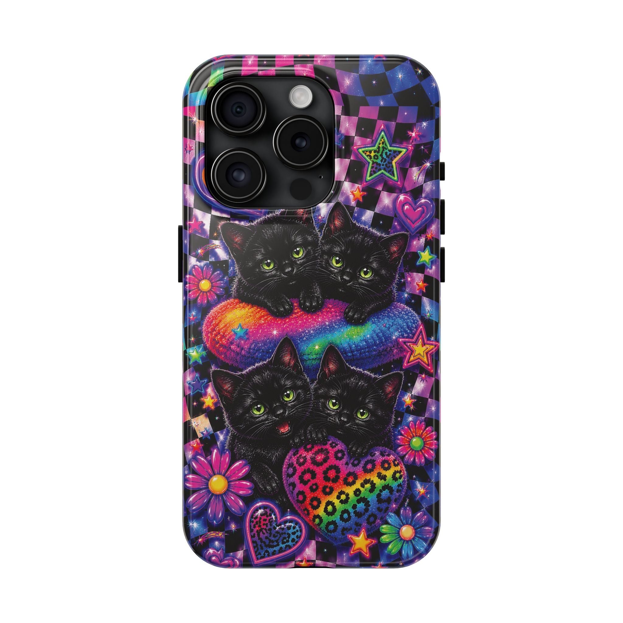 Cute 90's Retro Black Cats Phone Case | Neon Flowers, Checkerboard Design Iphone Samsung Phone Case