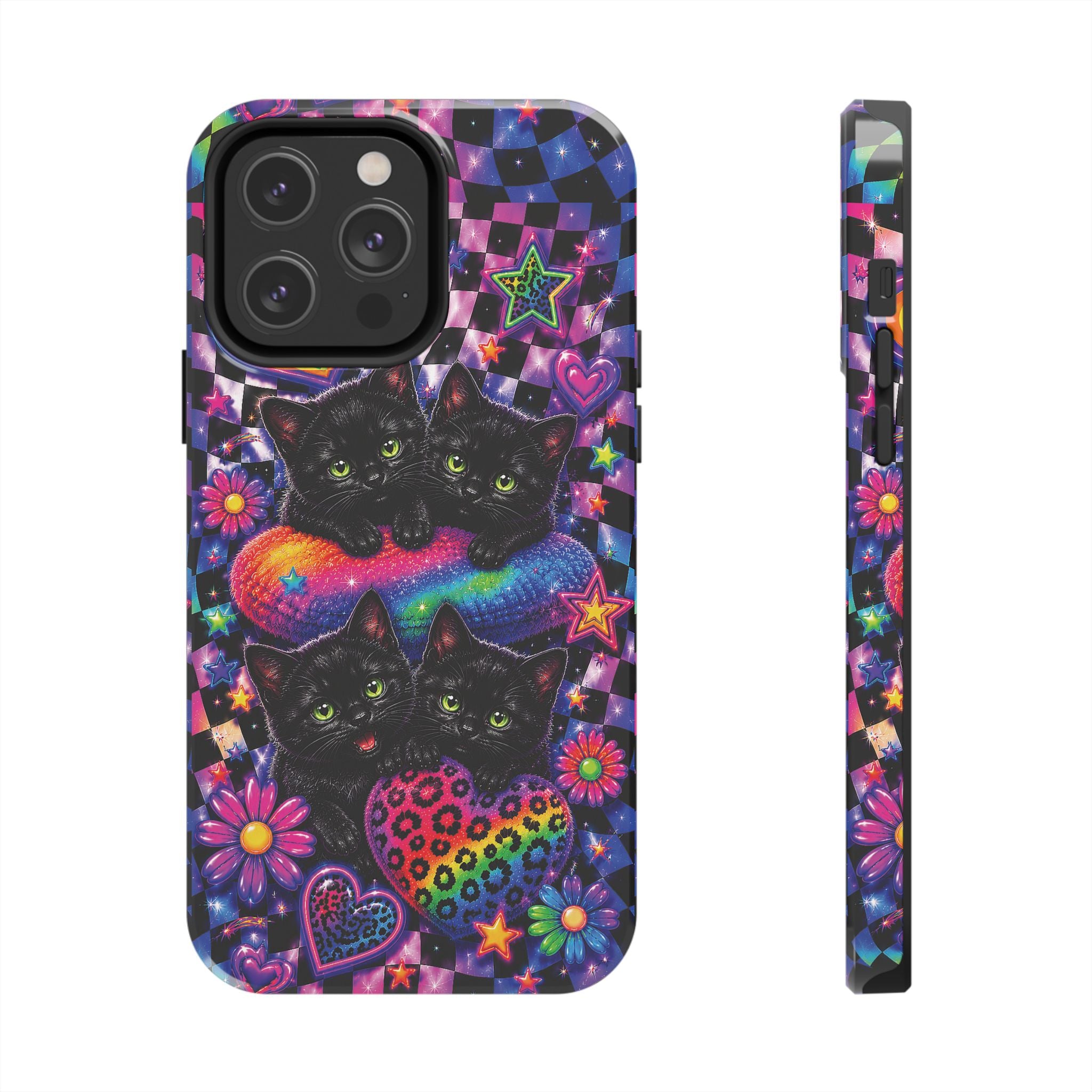 Cute 90's Retro Black Cats Phone Case | Neon Flowers, Checkerboard Design Iphone Samsung Phone Case