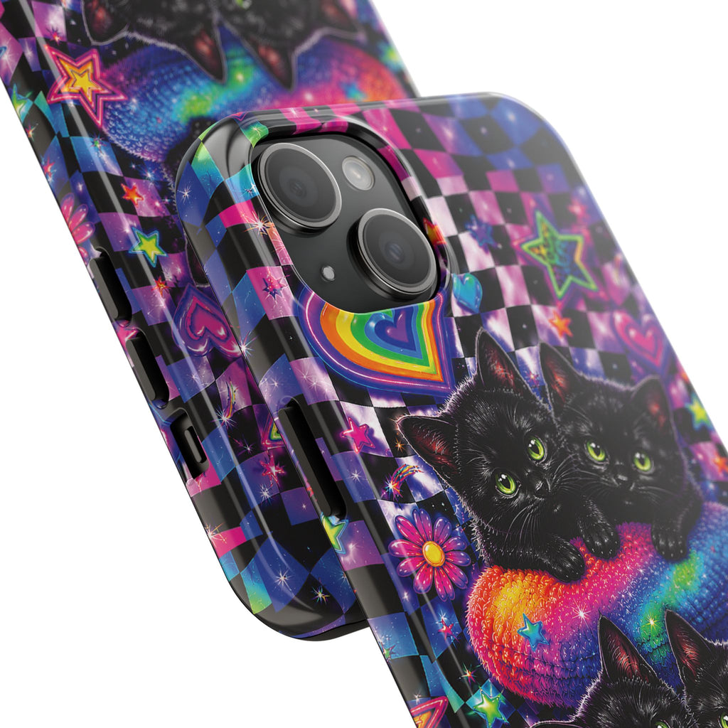 Cute 90's Retro Black Cats Phone Case | Neon Flowers, Checkerboard Design Iphone Samsung Phone Case