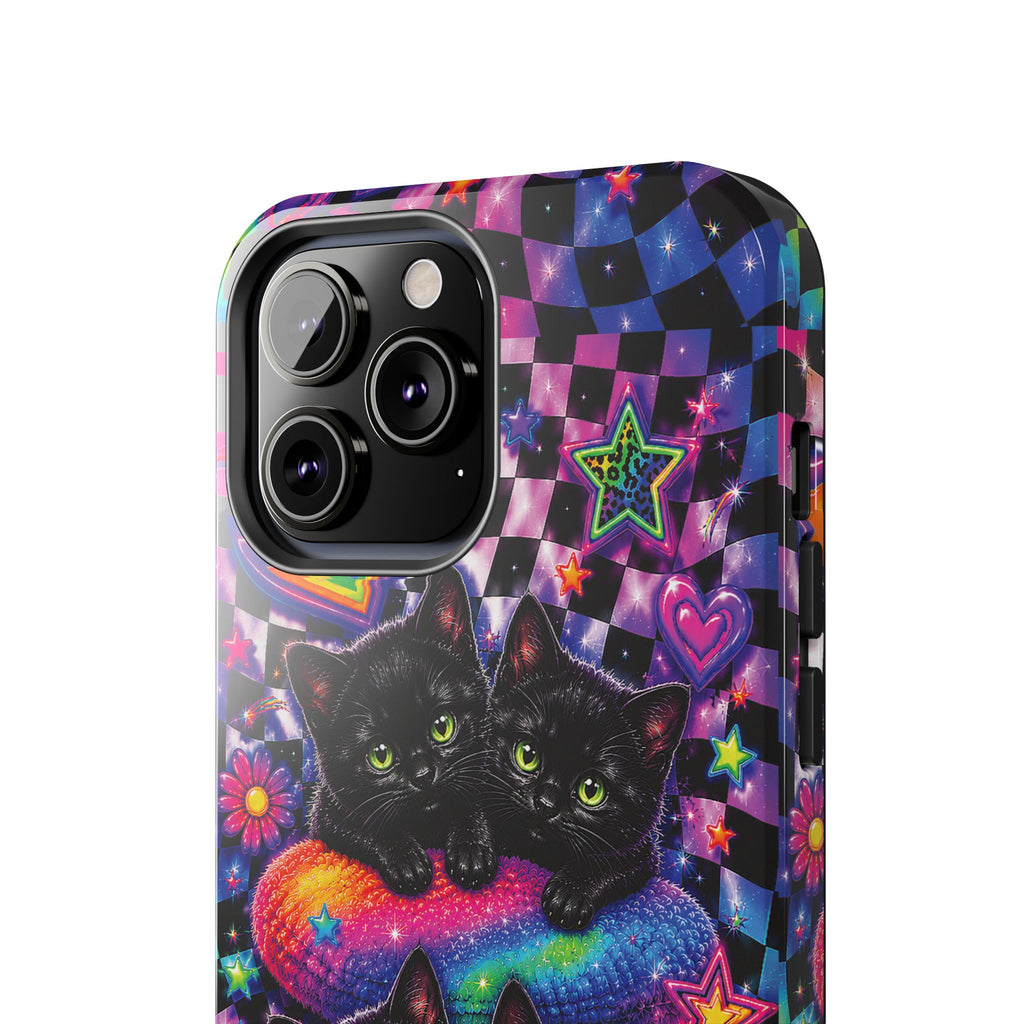 Cute 90's Retro Black Cats Phone Case | Neon Flowers, Checkerboard Design Iphone Samsung Phone Case