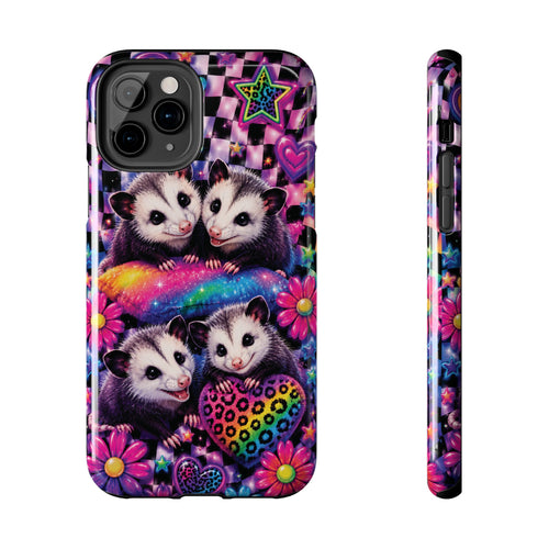 Cute 90's Retro Opossums Phone Case | Neon Flowers, Checkerboard Design Iphone Samsung Phone Case