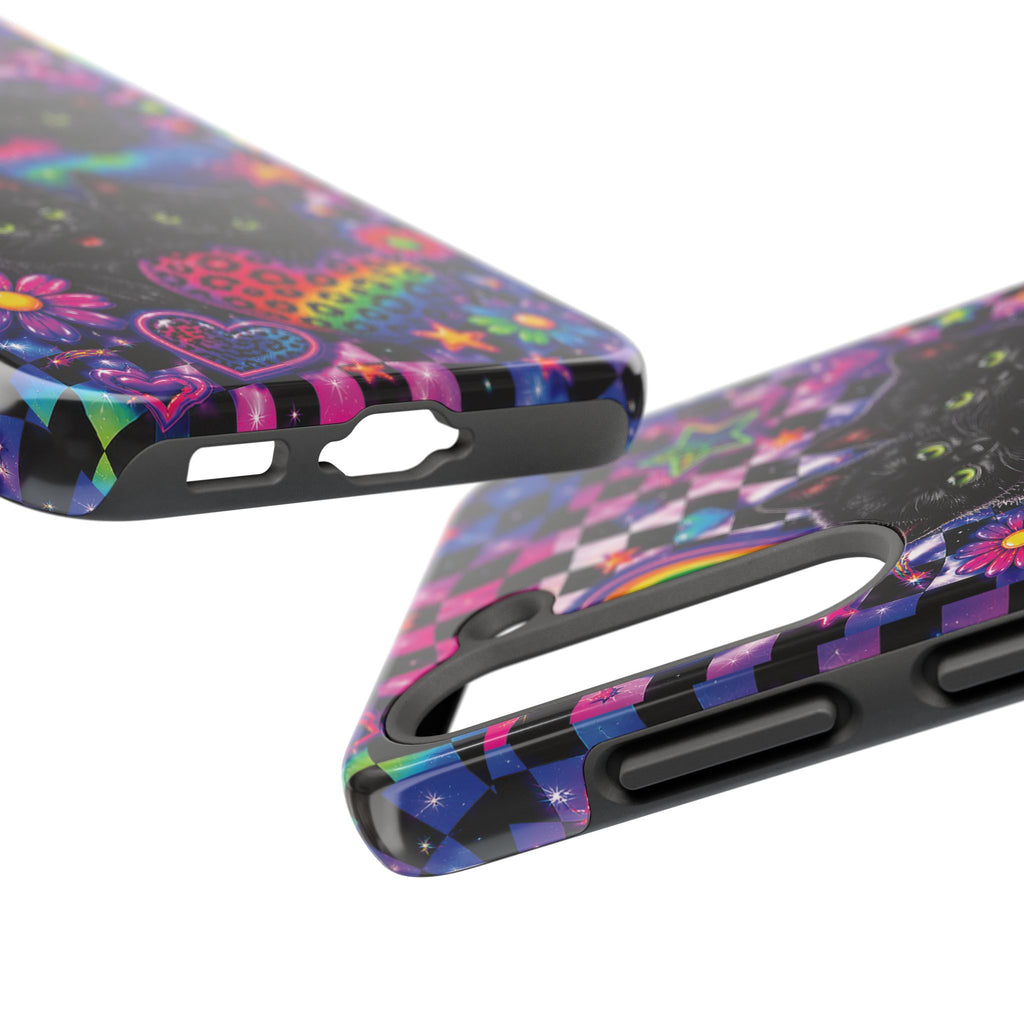 Cute 90's Retro Black Cats Phone Case | Neon Flowers, Checkerboard Design Iphone Samsung Phone Case