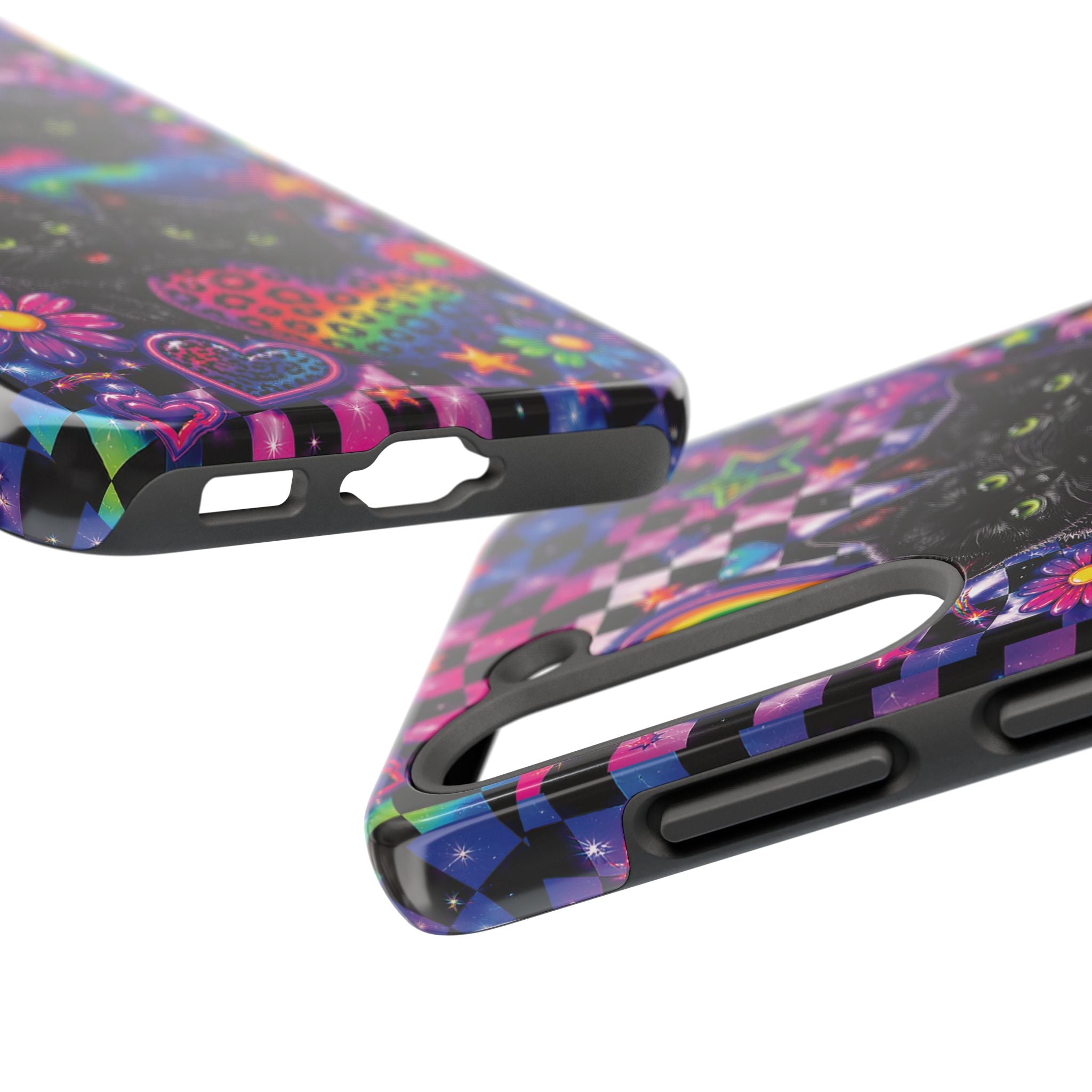 Cute 90's Retro Black Cats Phone Case | Neon Flowers, Checkerboard Design Iphone Samsung Phone Case