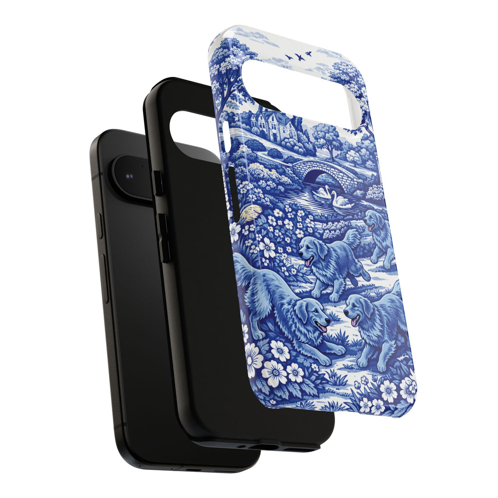 Golden Retriever Tough Phone Case, Chinoiserie Blue Dog Pattern, French Toile Aesthetic