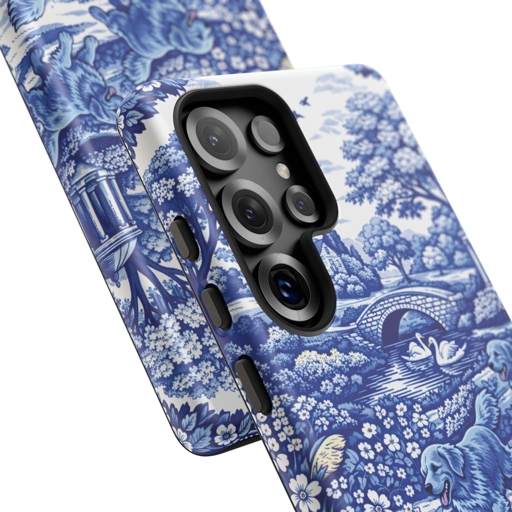 Golden Retriever Tough Phone Case, Chinoiserie Blue Dog Pattern, French Toile Aesthetic