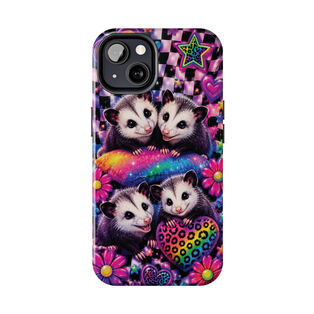 Cute 90's Retro Opossums Phone Case | Neon Flowers, Checkerboard Design Iphone Samsung Phone Case
