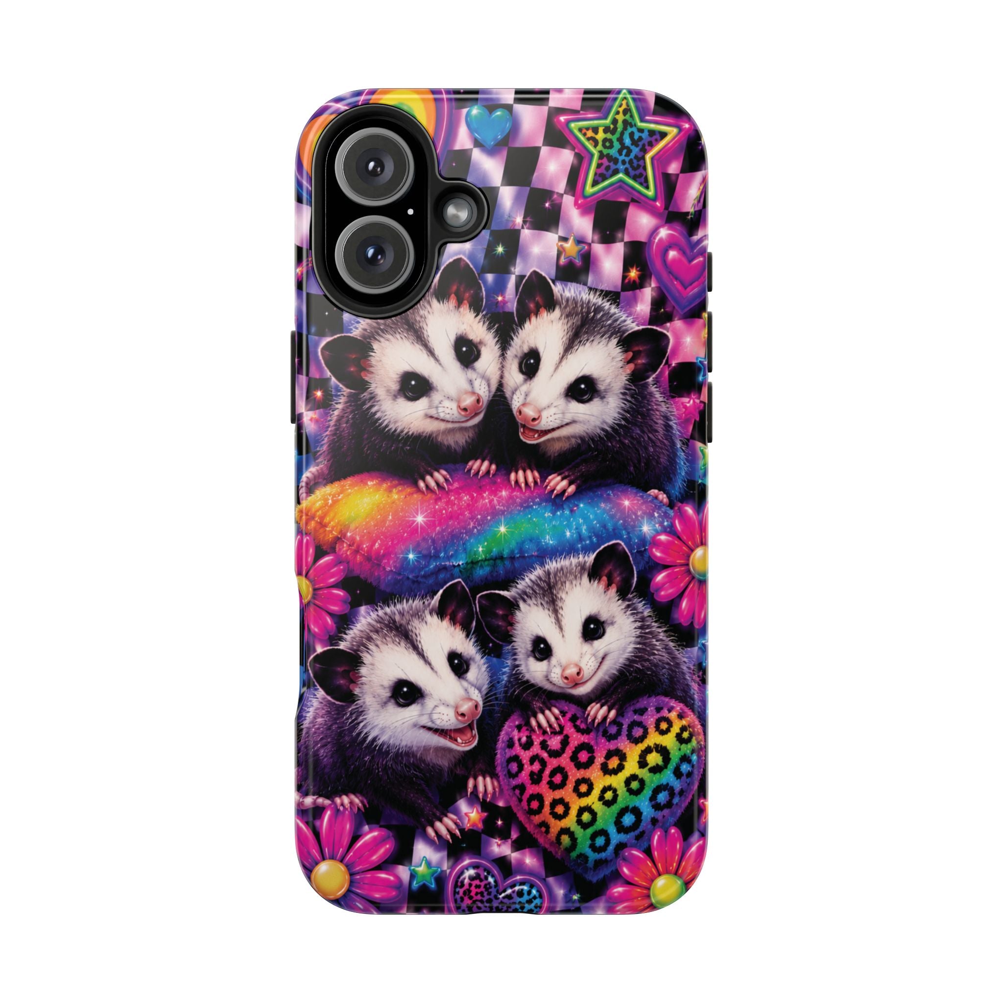 Cute 90's Retro Opossums Phone Case | Neon Flowers, Checkerboard Design Iphone Samsung Phone Case