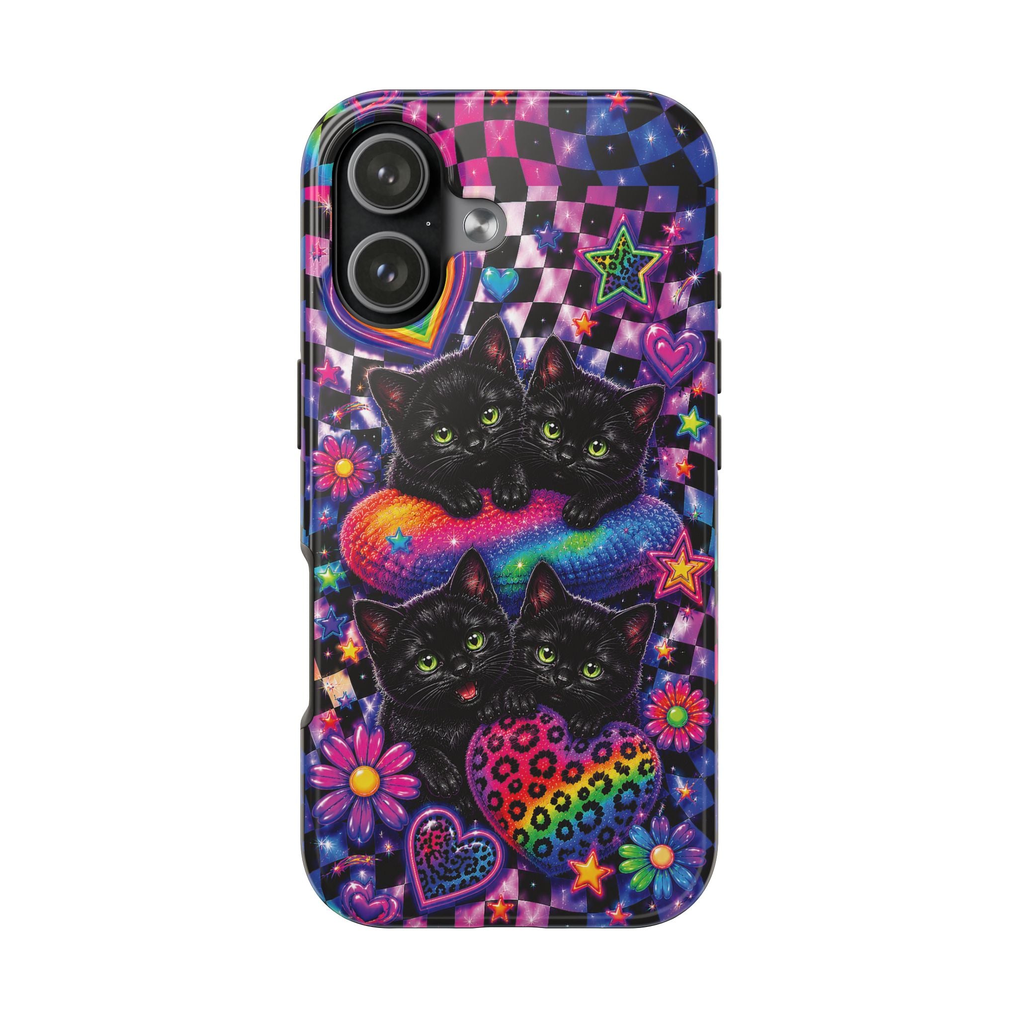 Cute 90's Retro Black Cats Phone Case | Neon Flowers, Checkerboard Design Iphone Samsung Phone Case