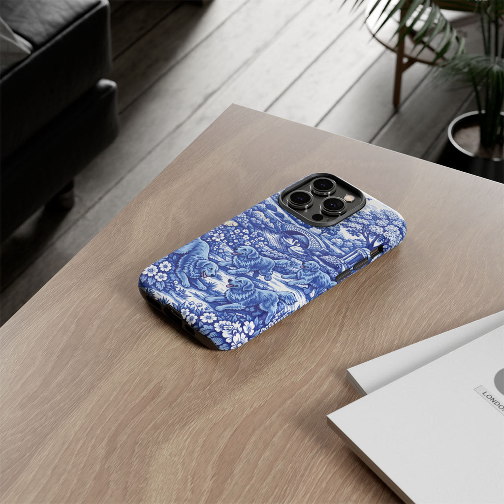 Golden Retriever Tough Phone Case, Chinoiserie Blue Dog Pattern, French Toile Aesthetic