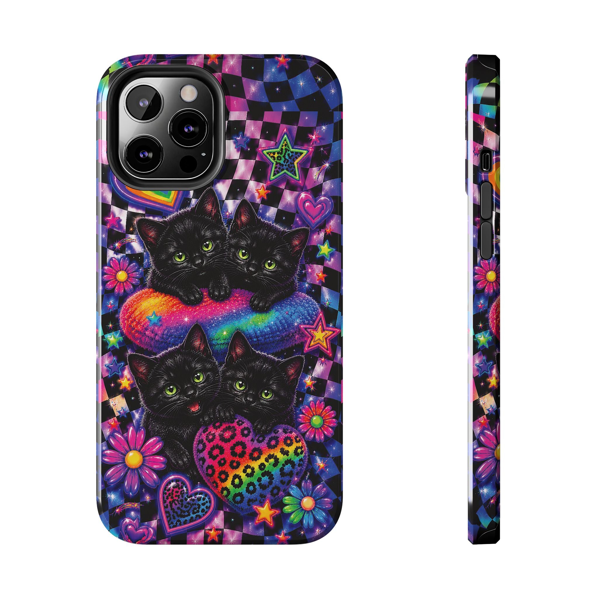 Cute 90's Retro Black Cats Phone Case | Neon Flowers, Checkerboard Design Iphone Samsung Phone Case