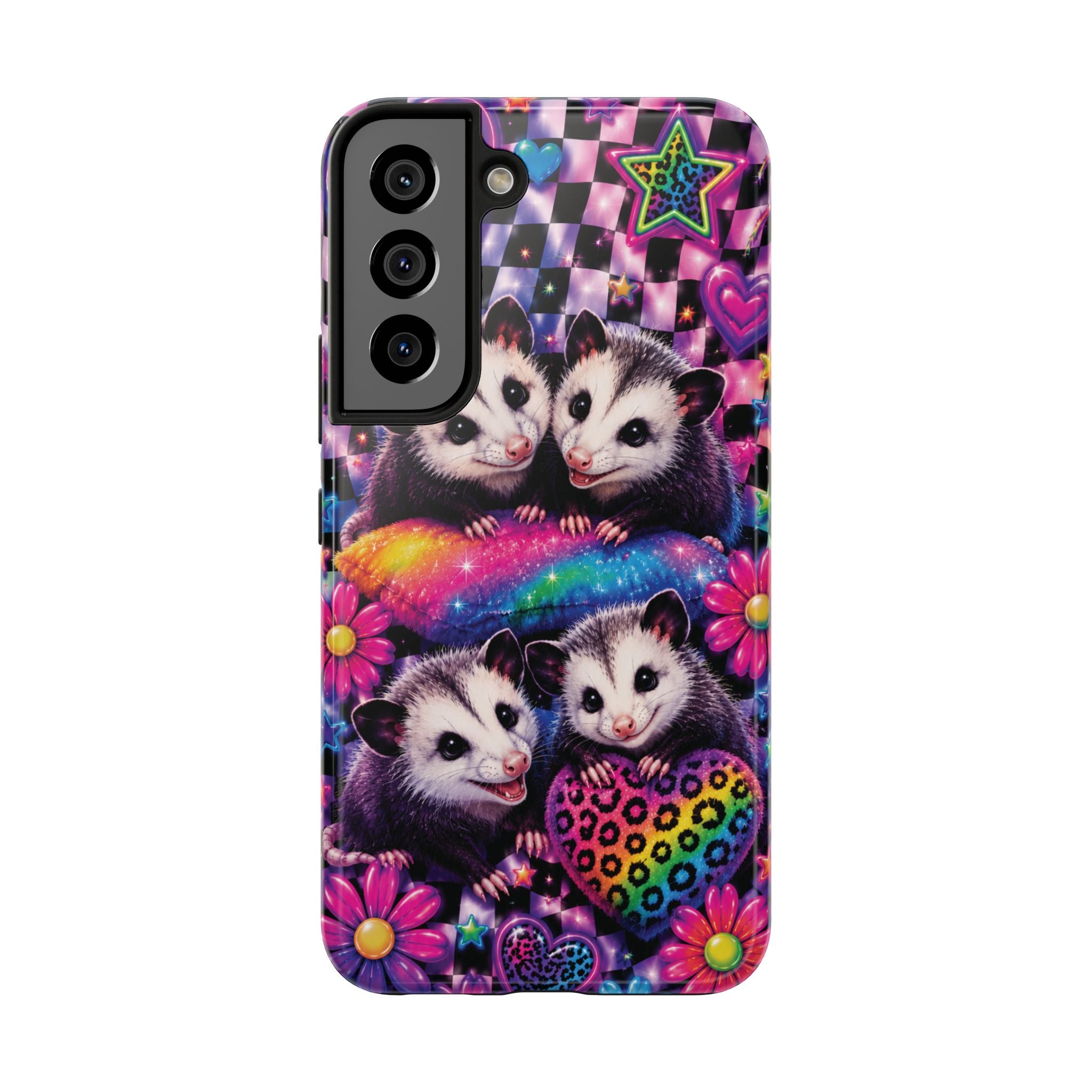 Cute 90's Retro Opossums Phone Case | Neon Flowers, Checkerboard Design Iphone Samsung Phone Case