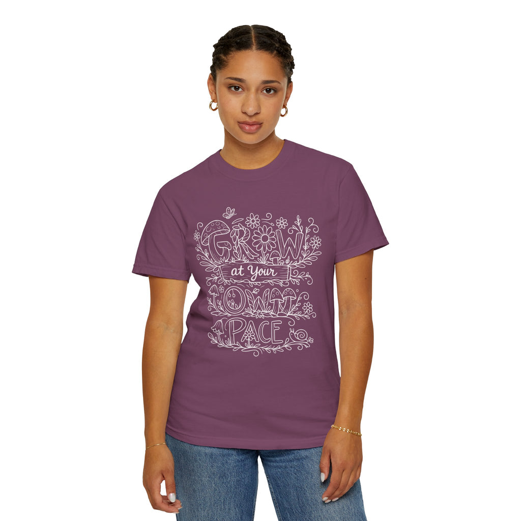 Grow at Your Own Pace Shirt, Comfort Colors Tee, Wildflower Mushroom Doodle Design, Minimalist Botanical Tee | Cottagecore Nature Graphic