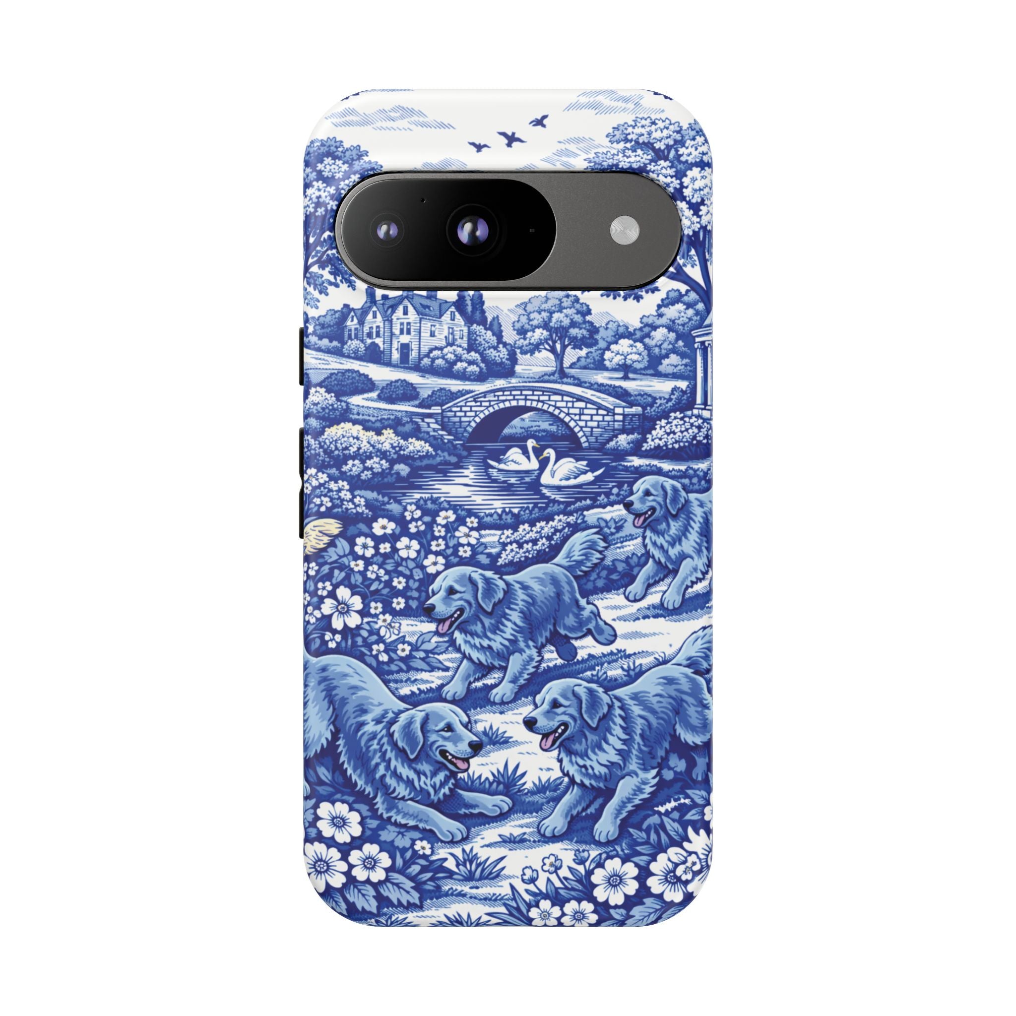 Golden Retriever Tough Phone Case, Chinoiserie Blue Dog Pattern, French Toile Aesthetic