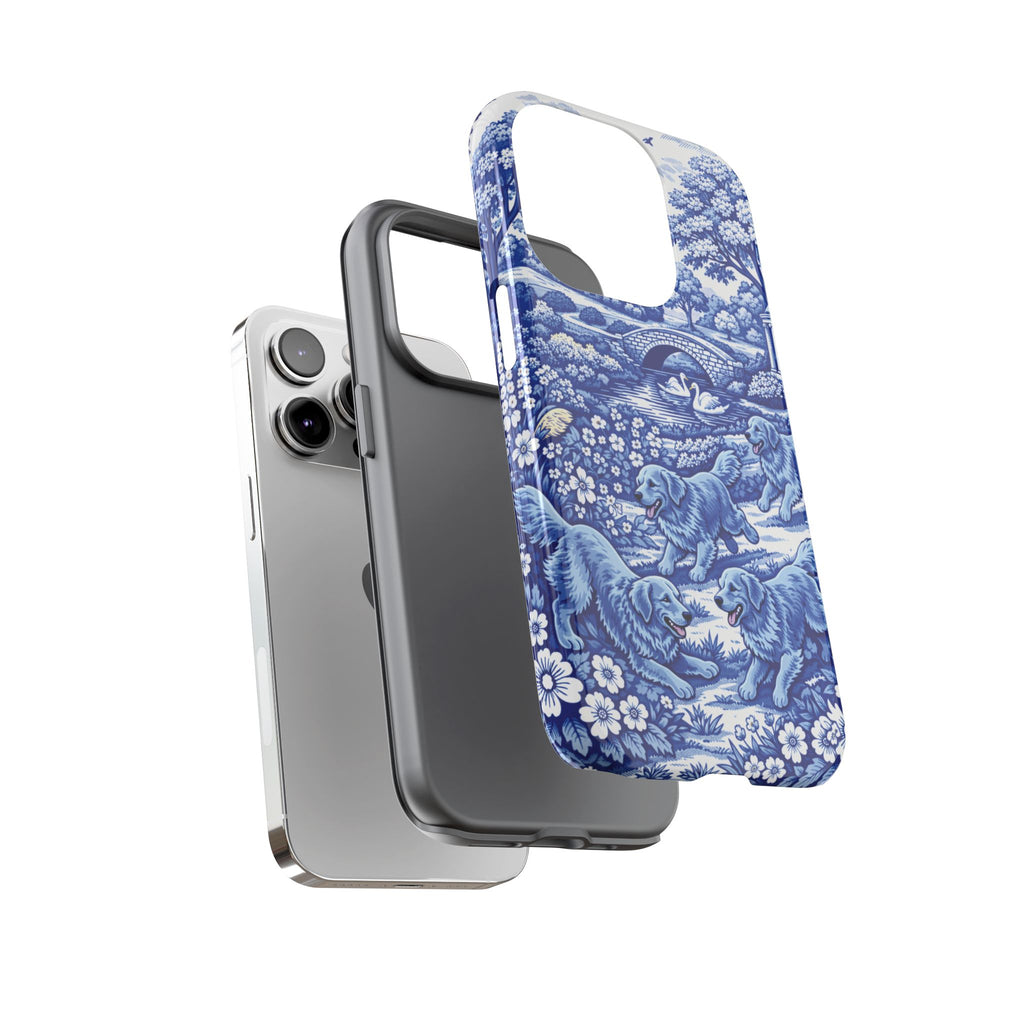 Golden Retriever Tough Phone Case, Chinoiserie Blue Dog Pattern, French Toile Aesthetic