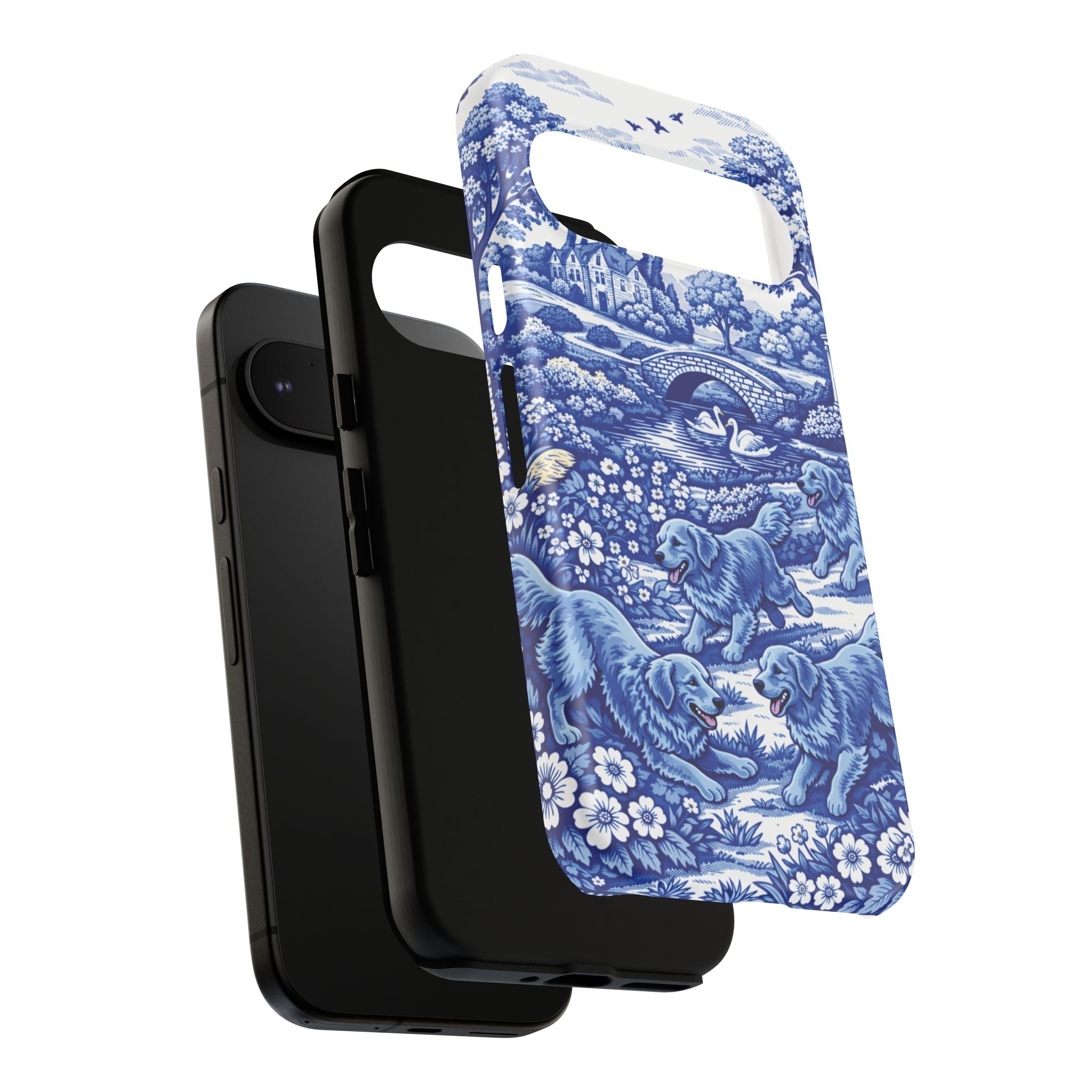Golden Retriever Tough Phone Case, Chinoiserie Blue Dog Pattern, French Toile Aesthetic