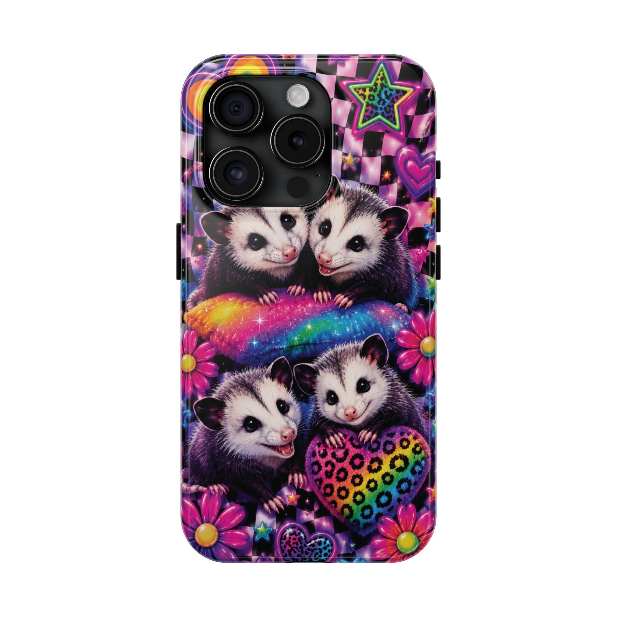 Cute 90's Retro Opossums Phone Case | Neon Flowers, Checkerboard Design Iphone Samsung Phone Case