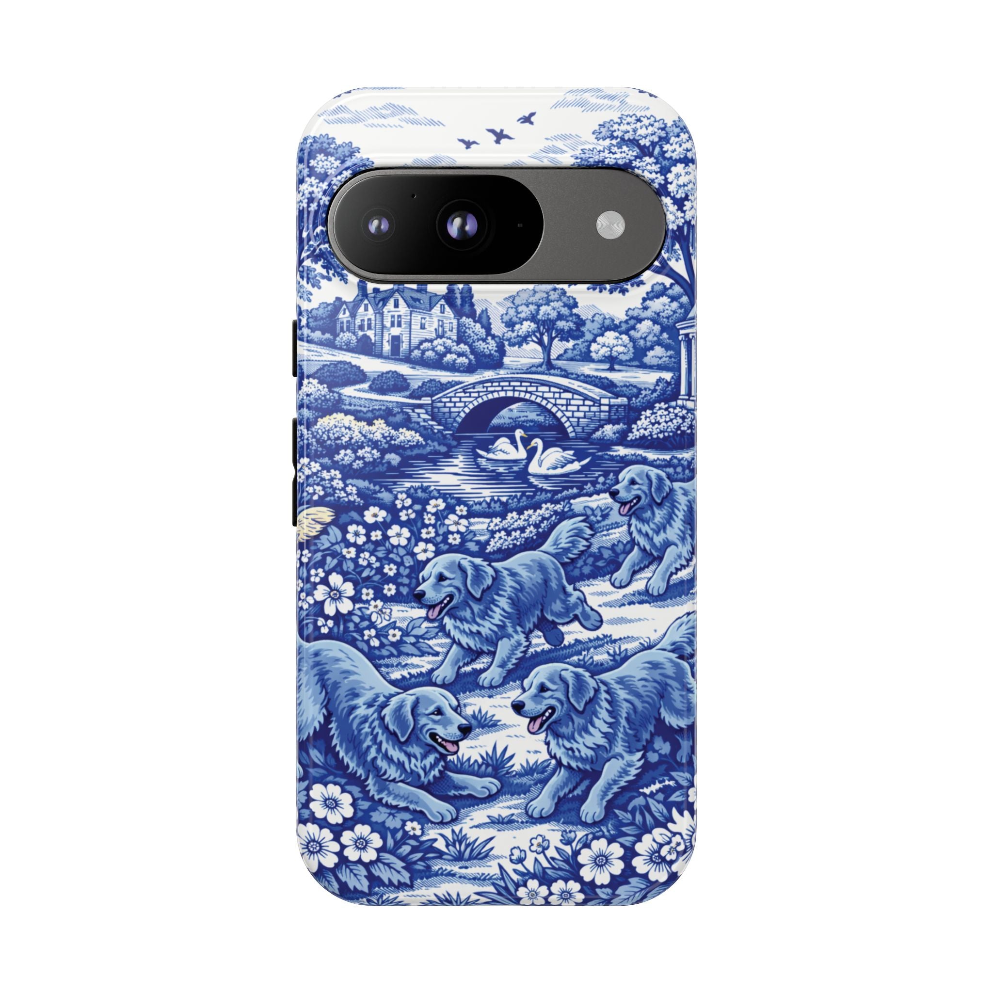 Golden Retriever Tough Phone Case, Chinoiserie Blue Dog Pattern, French Toile Aesthetic