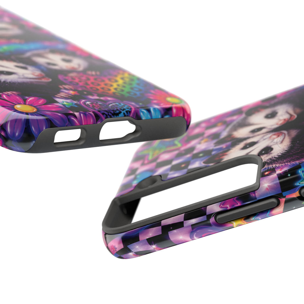 Cute 90's Retro Opossums Phone Case | Neon Flowers, Checkerboard Design Iphone Samsung Phone Case