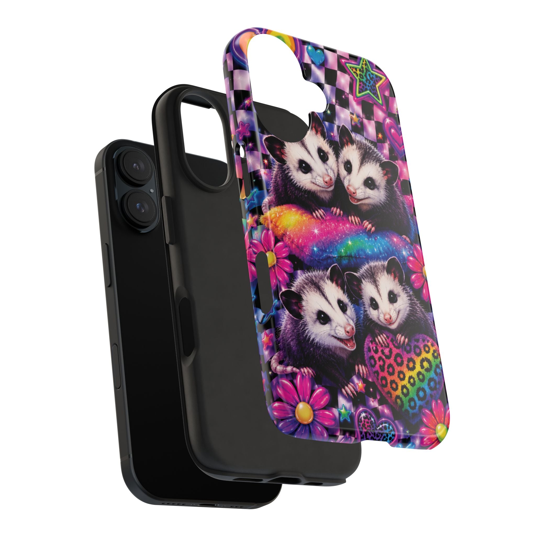 Cute 90's Retro Opossums Phone Case | Neon Flowers, Checkerboard Design Iphone Samsung Phone Case