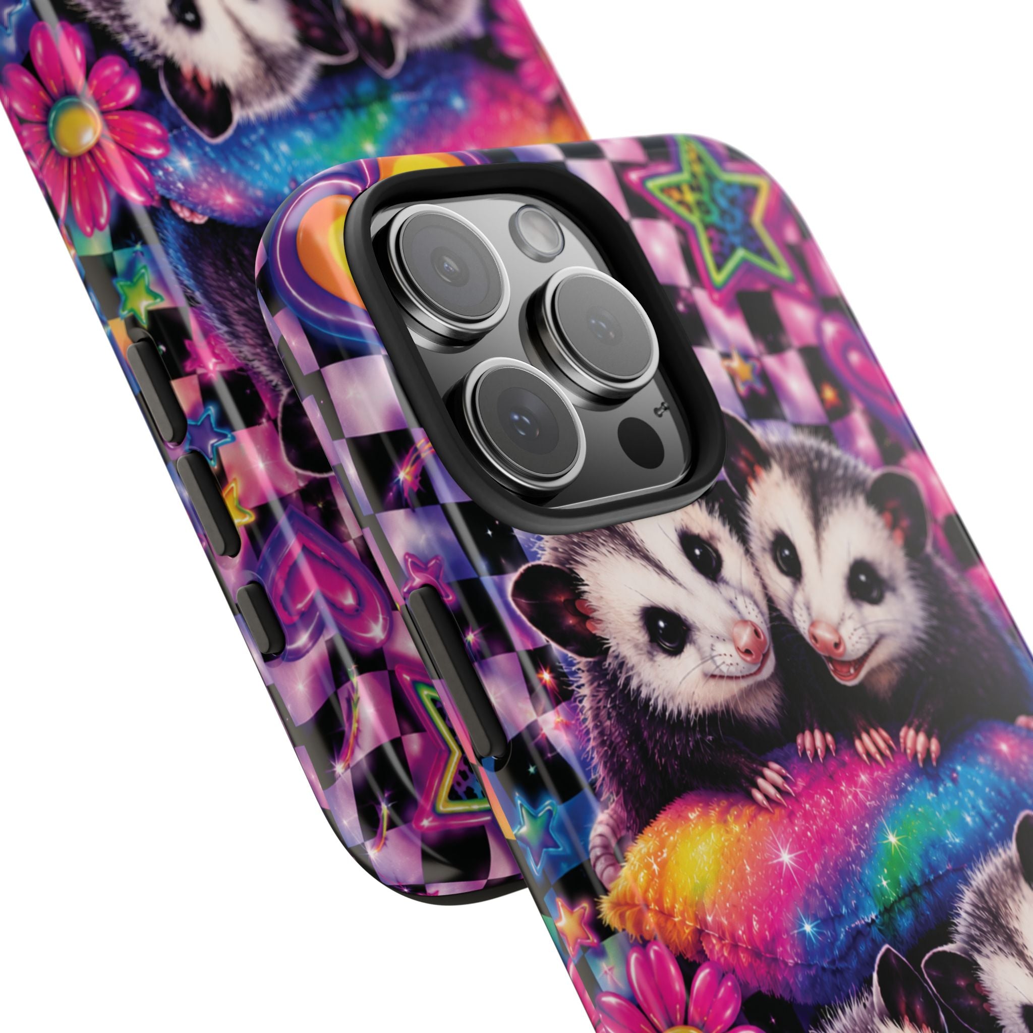 Cute 90's Retro Opossums Phone Case | Neon Flowers, Checkerboard Design Iphone Samsung Phone Case