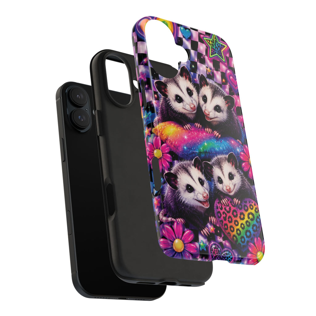 Cute 90's Retro Opossums Phone Case | Neon Flowers, Checkerboard Design Iphone Samsung Phone Case
