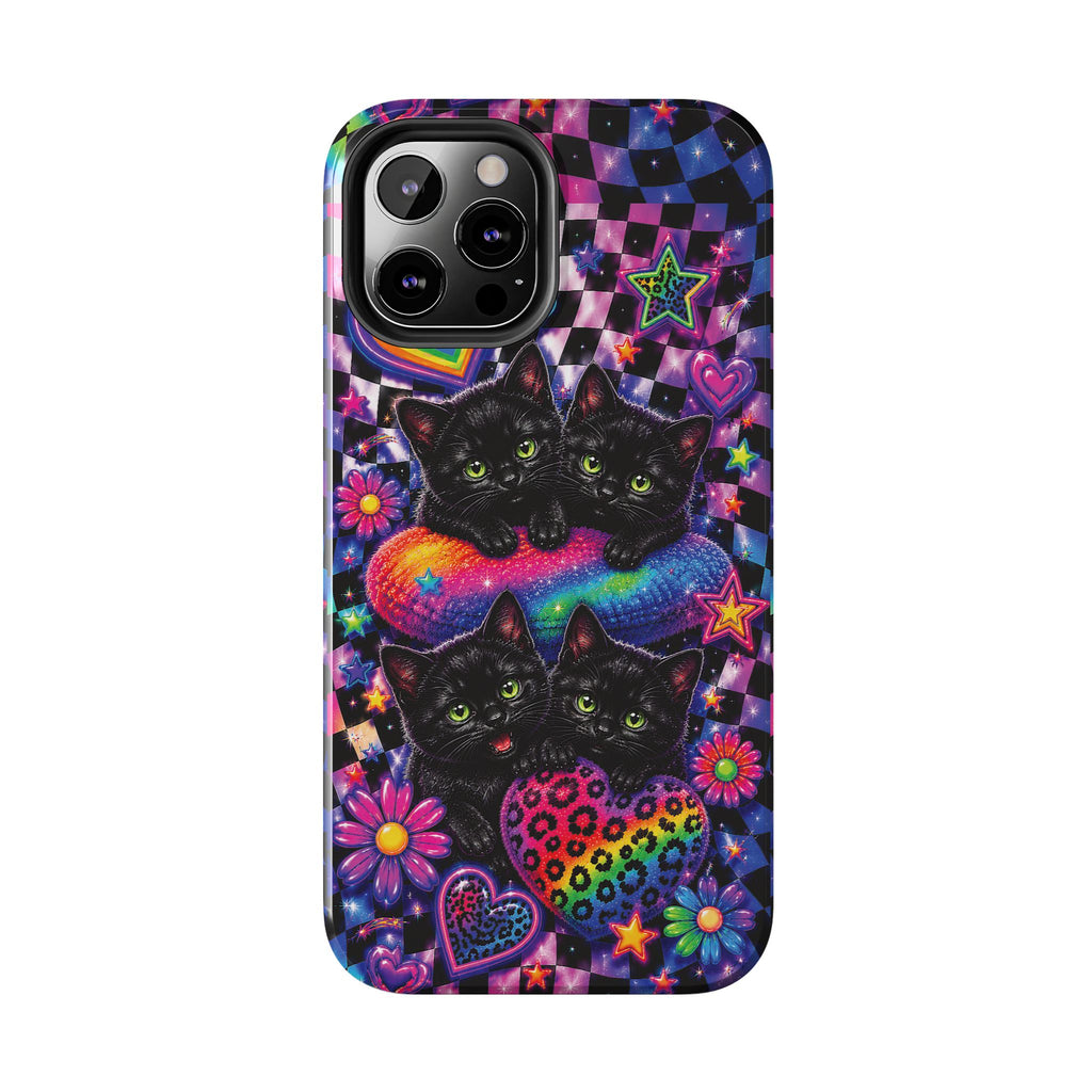 Cute 90's Retro Black Cats Phone Case | Neon Flowers, Checkerboard Design Iphone Samsung Phone Case