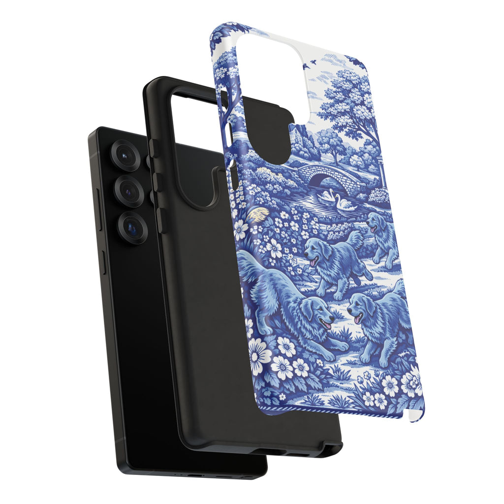 Golden Retriever Tough Phone Case, Chinoiserie Blue Dog Pattern, French Toile Aesthetic