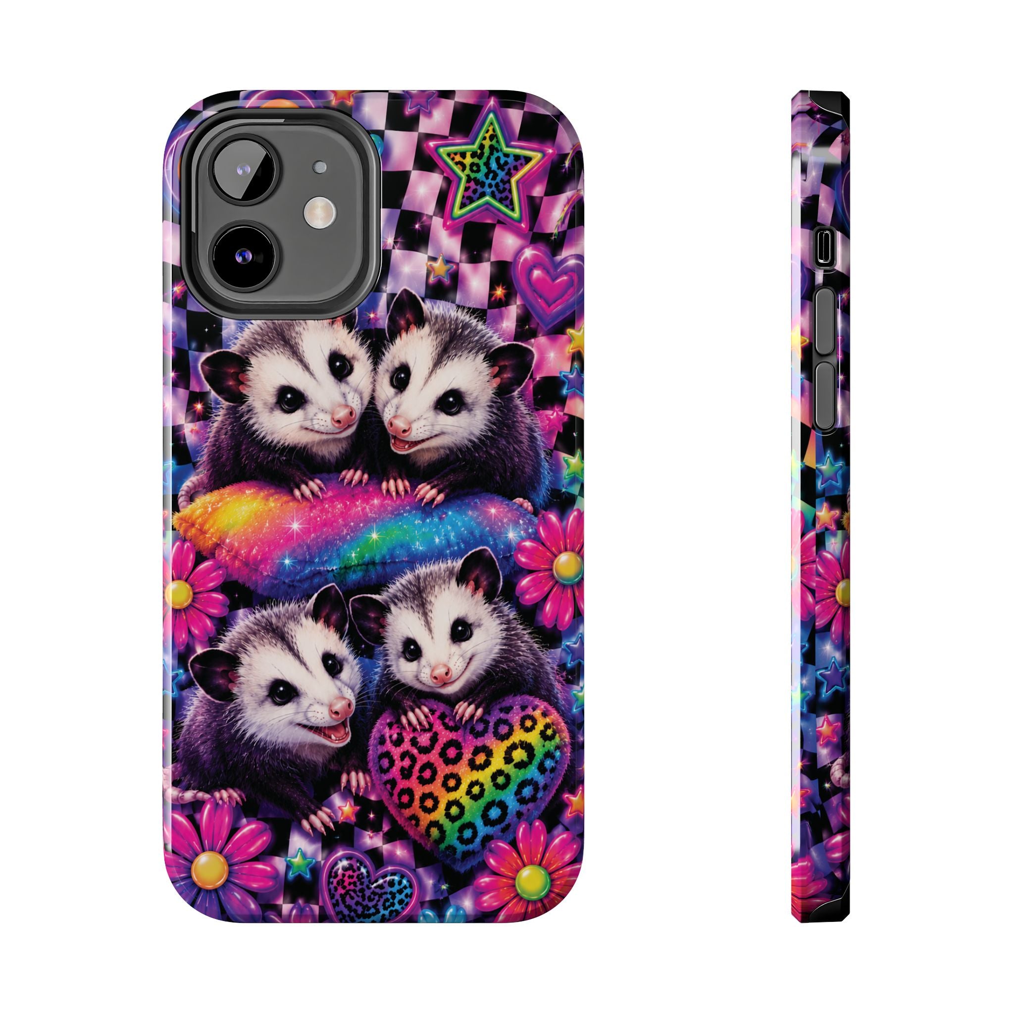 Cute 90's Retro Opossums Phone Case | Neon Flowers, Checkerboard Design Iphone Samsung Phone Case