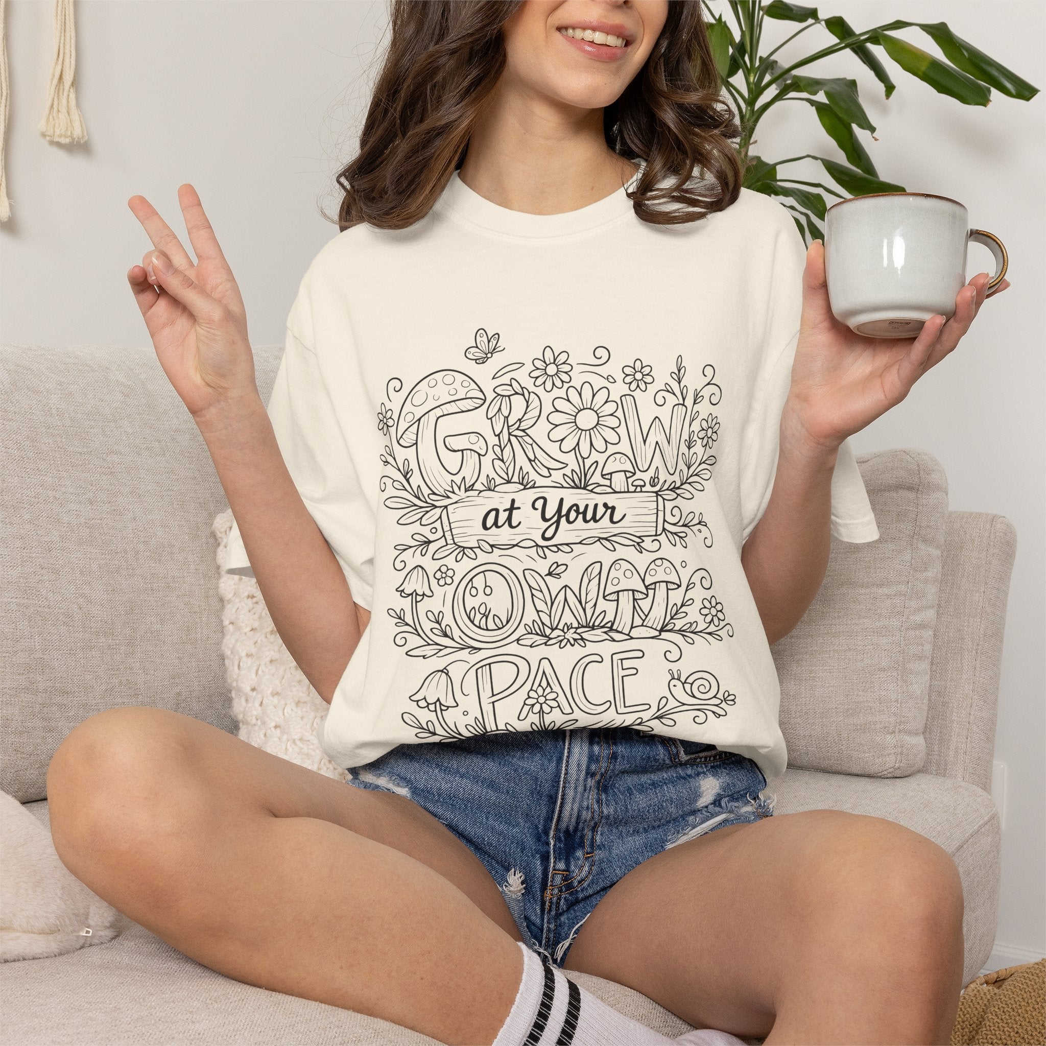 Grow at Your Own Pace Shirt, Comfort Colors Tee, Wildflower Mushroom Doodle Design, Minimalist Botanical Tee | Cottagecore Nature Graphic