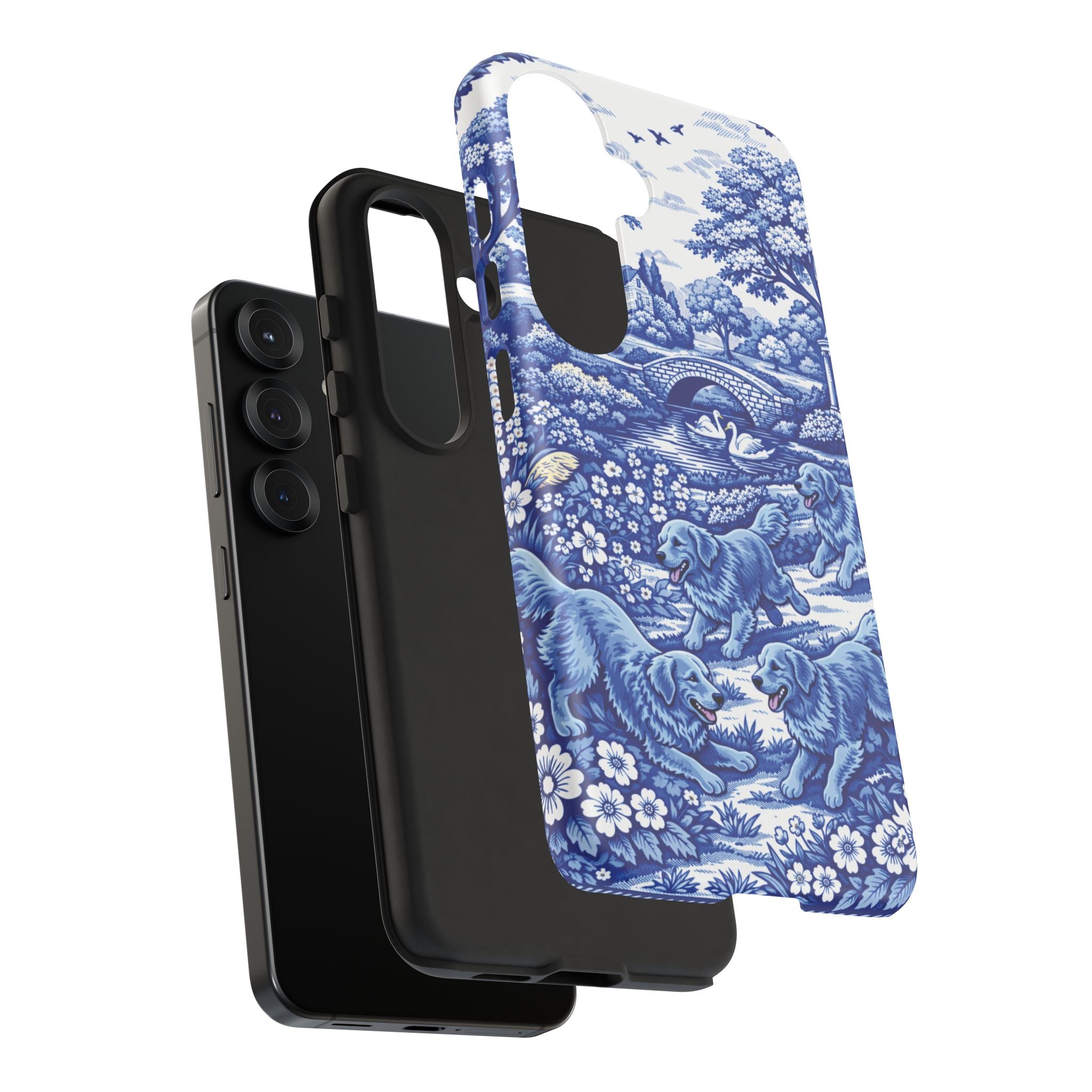 Golden Retriever Tough Phone Case, Chinoiserie Blue Dog Pattern, French Toile Aesthetic