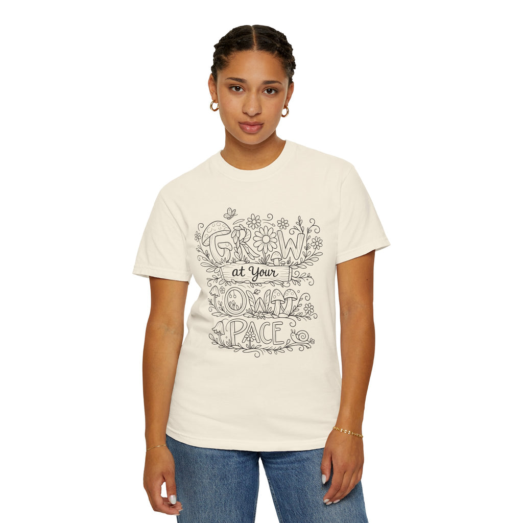 Grow at Your Own Pace Shirt, Comfort Colors Tee, Wildflower Mushroom Doodle Design, Minimalist Botanical Tee | Cottagecore Nature Graphic