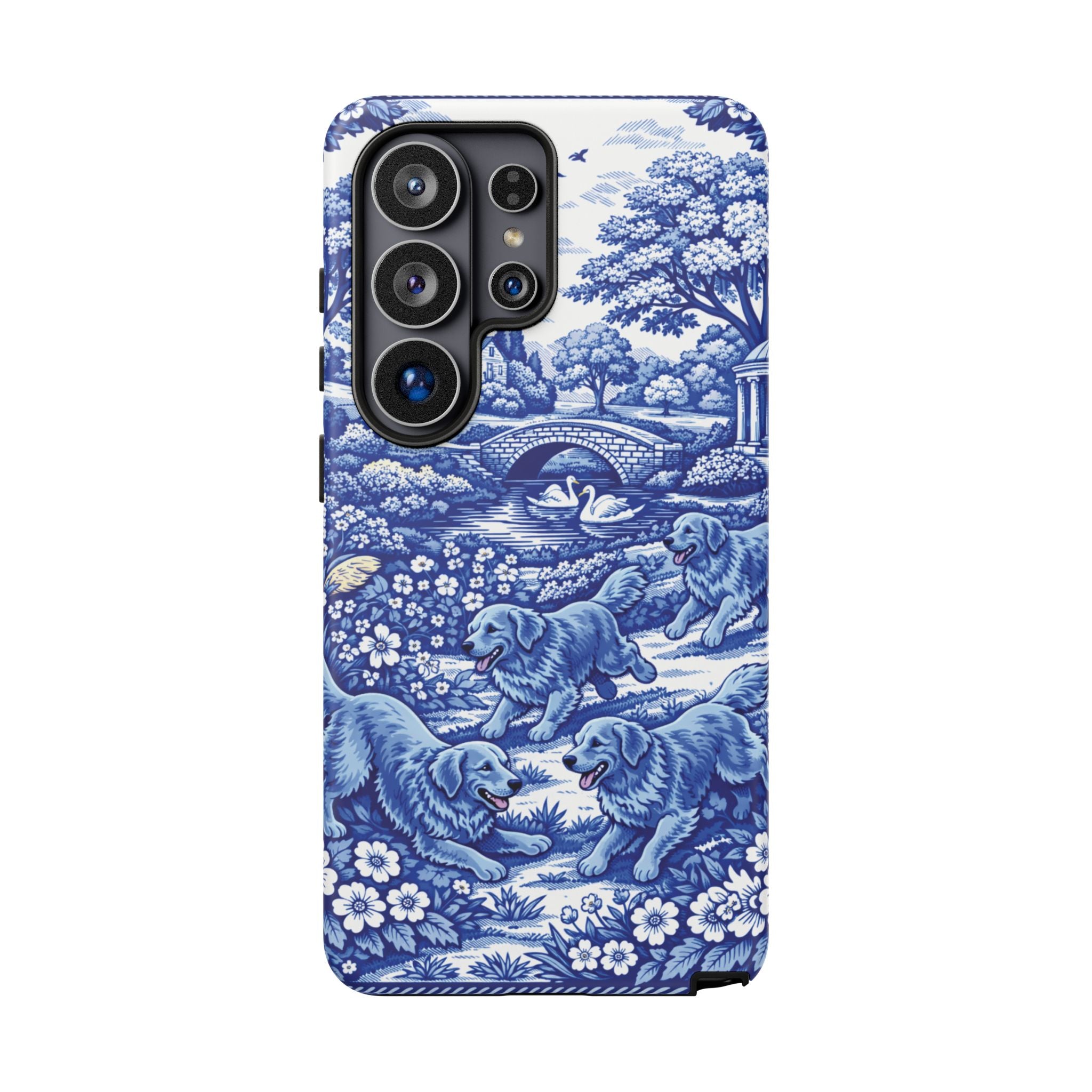 Golden Retriever Tough Phone Case, Chinoiserie Blue Dog Pattern, French Toile Aesthetic