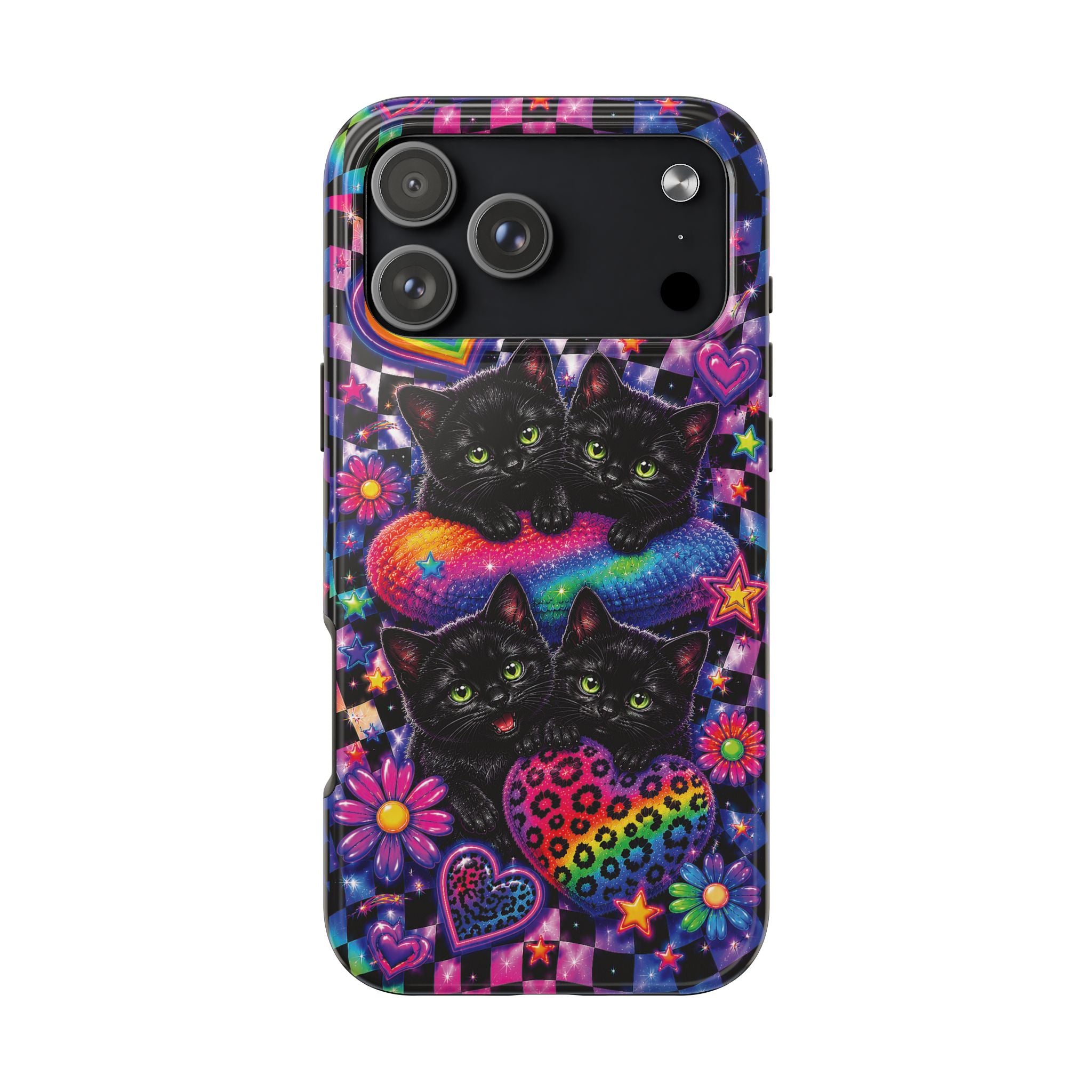Cute 90's Retro Black Cats Phone Case | Neon Flowers, Checkerboard Design Iphone Samsung Phone Case