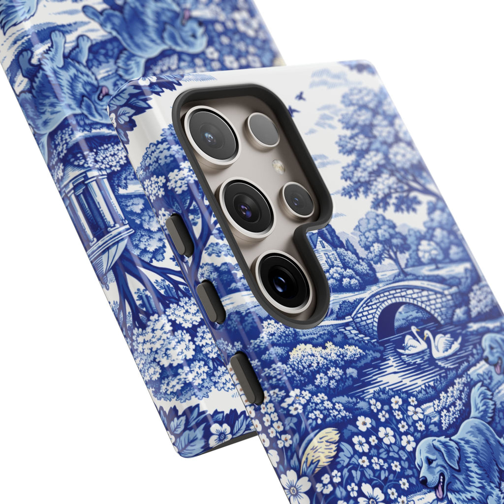 Golden Retriever Tough Phone Case, Chinoiserie Blue Dog Pattern, French Toile Aesthetic