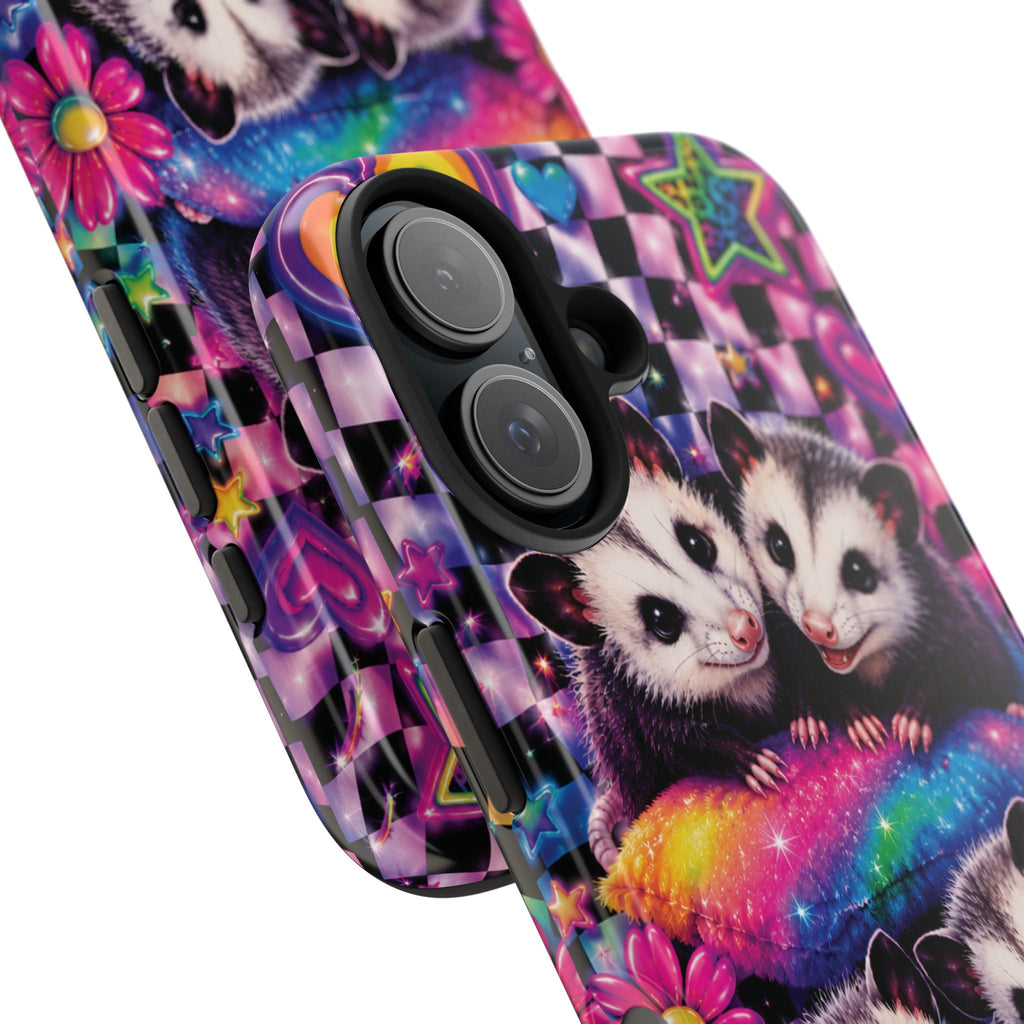 Cute 90's Retro Opossums Phone Case | Neon Flowers, Checkerboard Design Iphone Samsung Phone Case