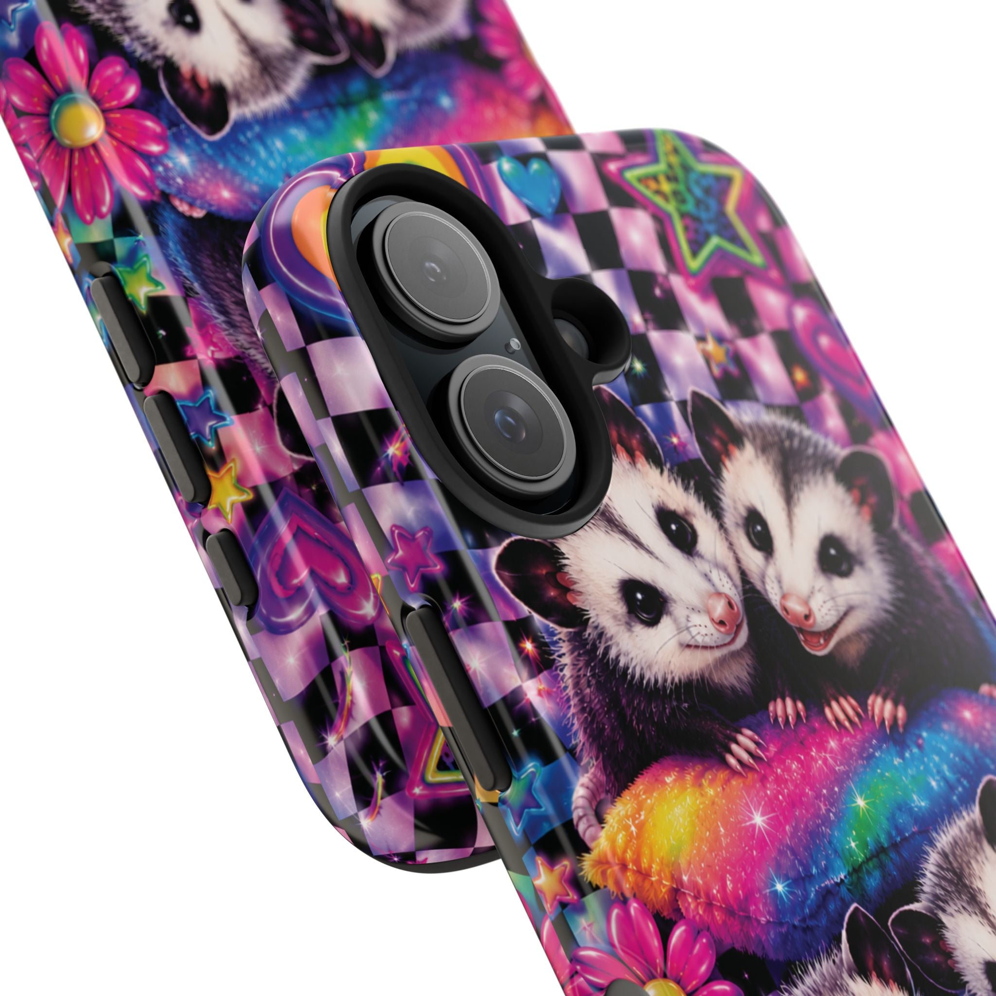 Cute 90's Retro Opossums Phone Case | Neon Flowers, Checkerboard Design Iphone Samsung Phone Case