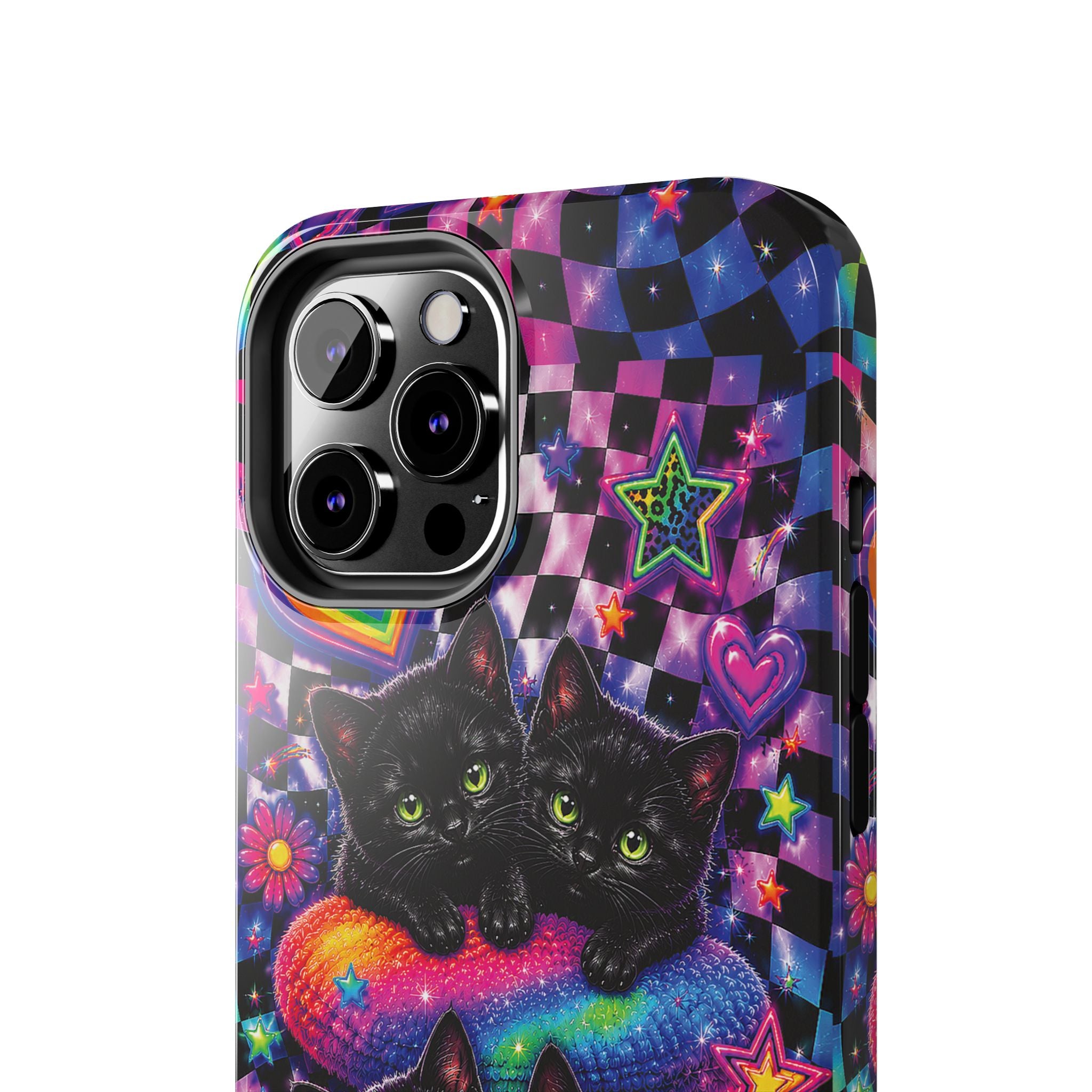 Cute 90's Retro Black Cats Phone Case | Neon Flowers, Checkerboard Design Iphone Samsung Phone Case