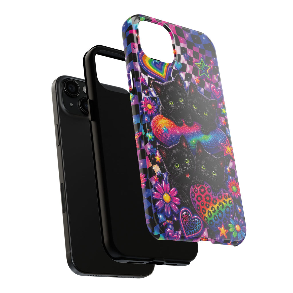 Cute 90's Retro Black Cats Phone Case | Neon Flowers, Checkerboard Design Iphone Samsung Phone Case