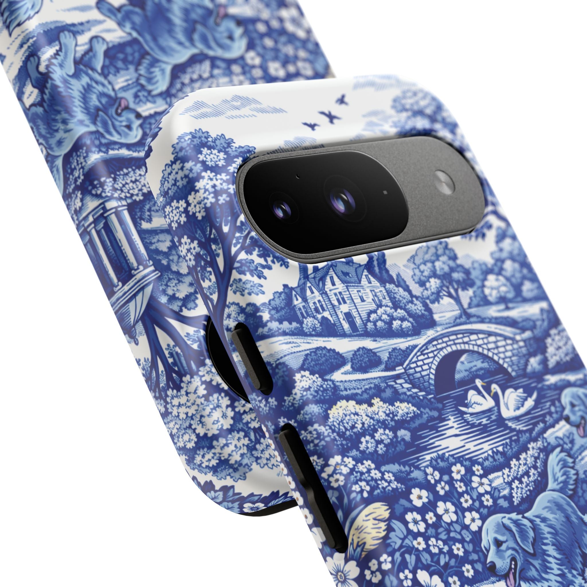 Golden Retriever Tough Phone Case, Chinoiserie Blue Dog Pattern, French Toile Aesthetic