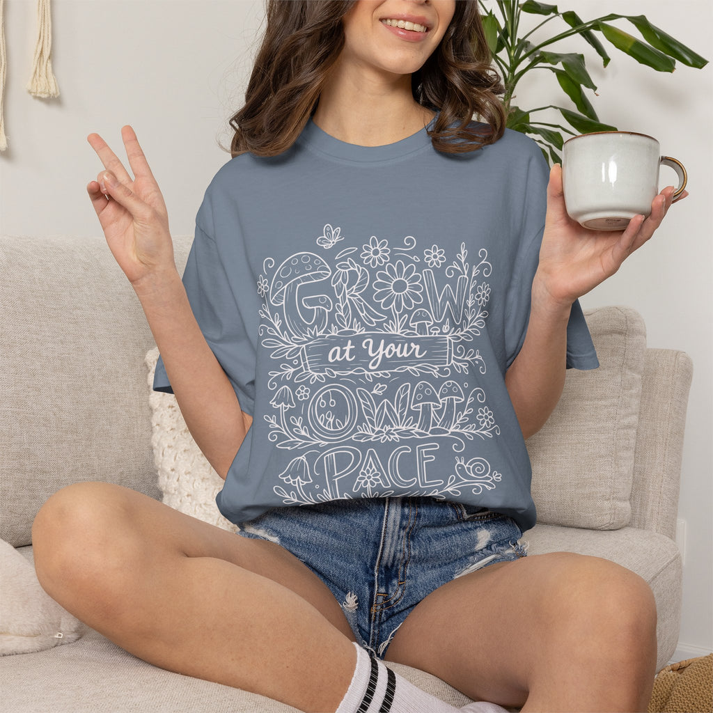 Grow at Your Own Pace Shirt, Comfort Colors Tee, Wildflower Mushroom Doodle Design, Minimalist Botanical Tee | Cottagecore Nature Graphic
