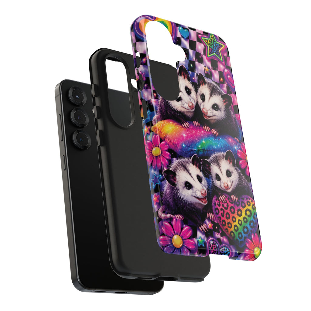 Cute 90's Retro Opossums Phone Case | Neon Flowers, Checkerboard Design Iphone Samsung Phone Case