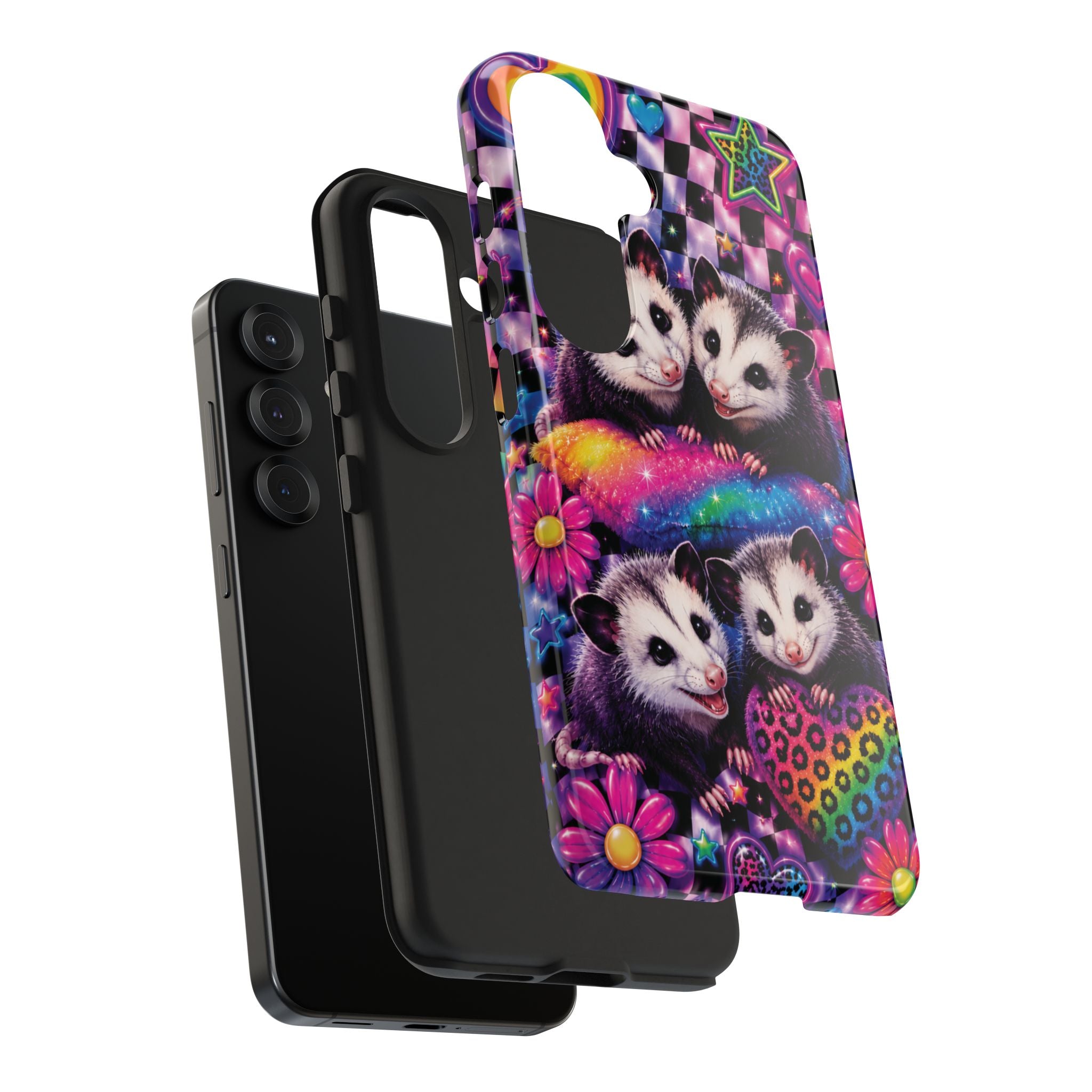 Cute 90's Retro Opossums Phone Case | Neon Flowers, Checkerboard Design Iphone Samsung Phone Case