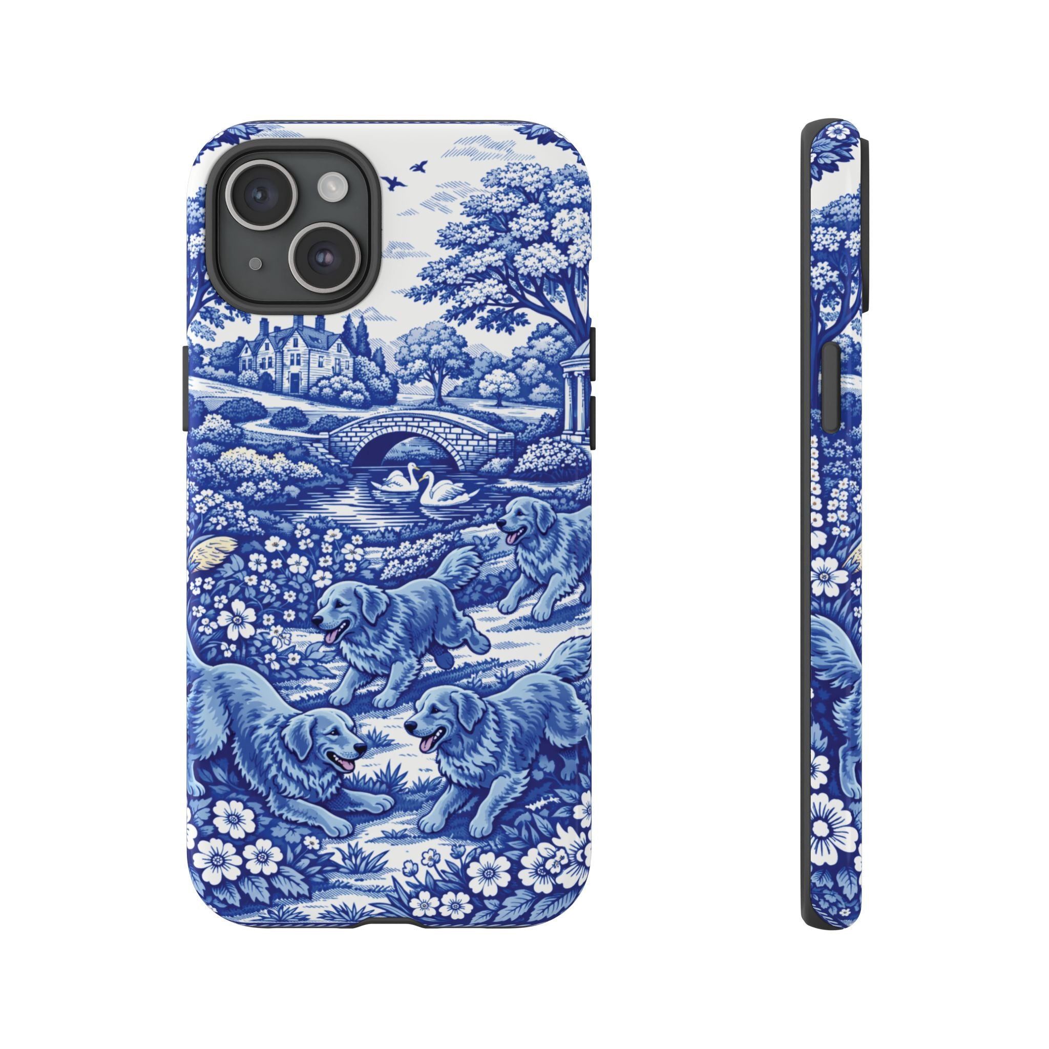 Golden Retriever Tough Phone Case, Chinoiserie Blue Dog Pattern, French Toile Aesthetic
