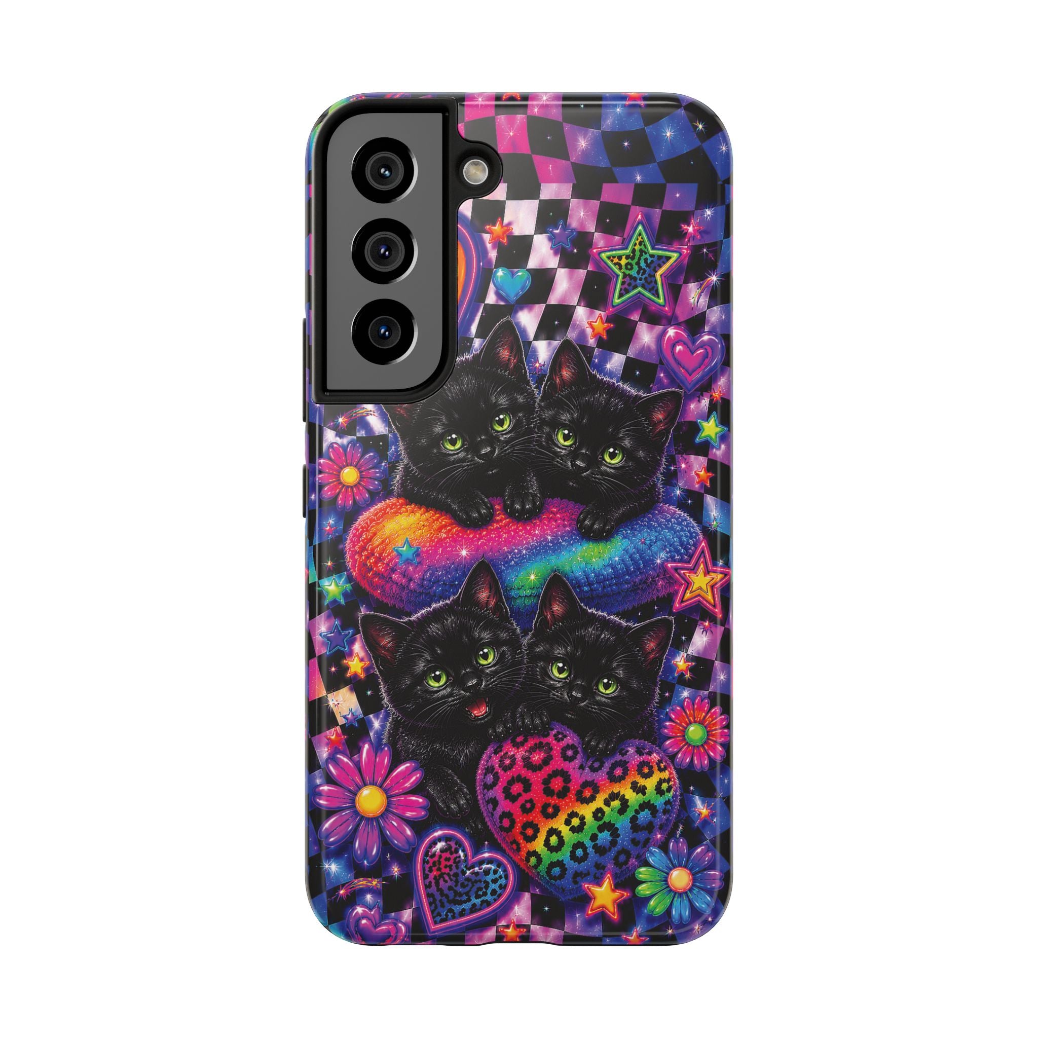 Cute 90's Retro Black Cats Phone Case | Neon Flowers, Checkerboard Design Iphone Samsung Phone Case