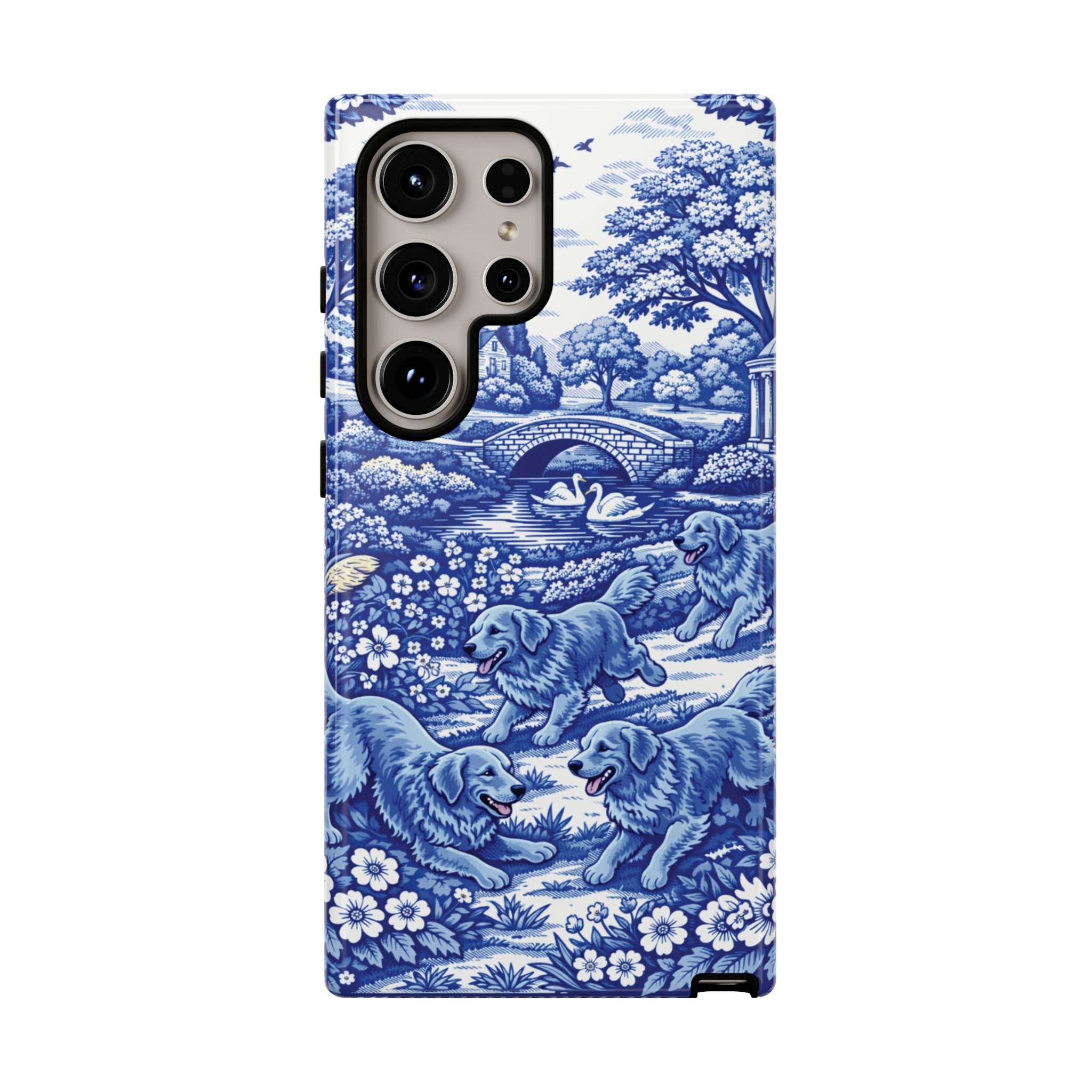Golden Retriever Tough Phone Case, Chinoiserie Blue Dog Pattern, French Toile Aesthetic