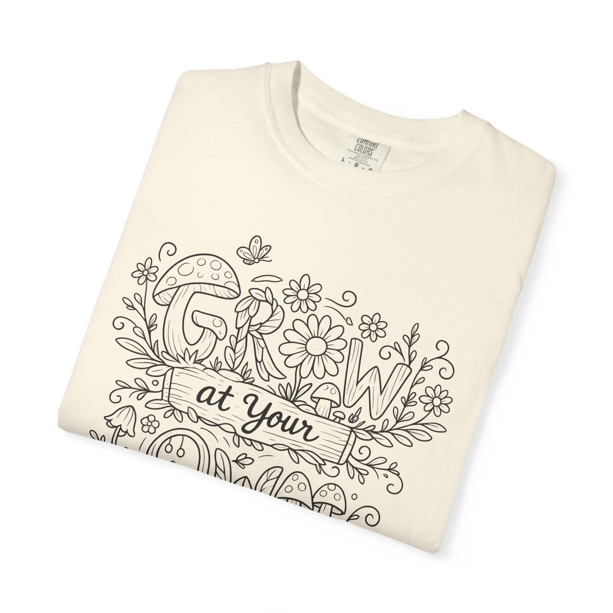 Grow at Your Own Pace Shirt, Comfort Colors Tee, Wildflower Mushroom Doodle Design, Minimalist Botanical Tee | Cottagecore Nature Graphic