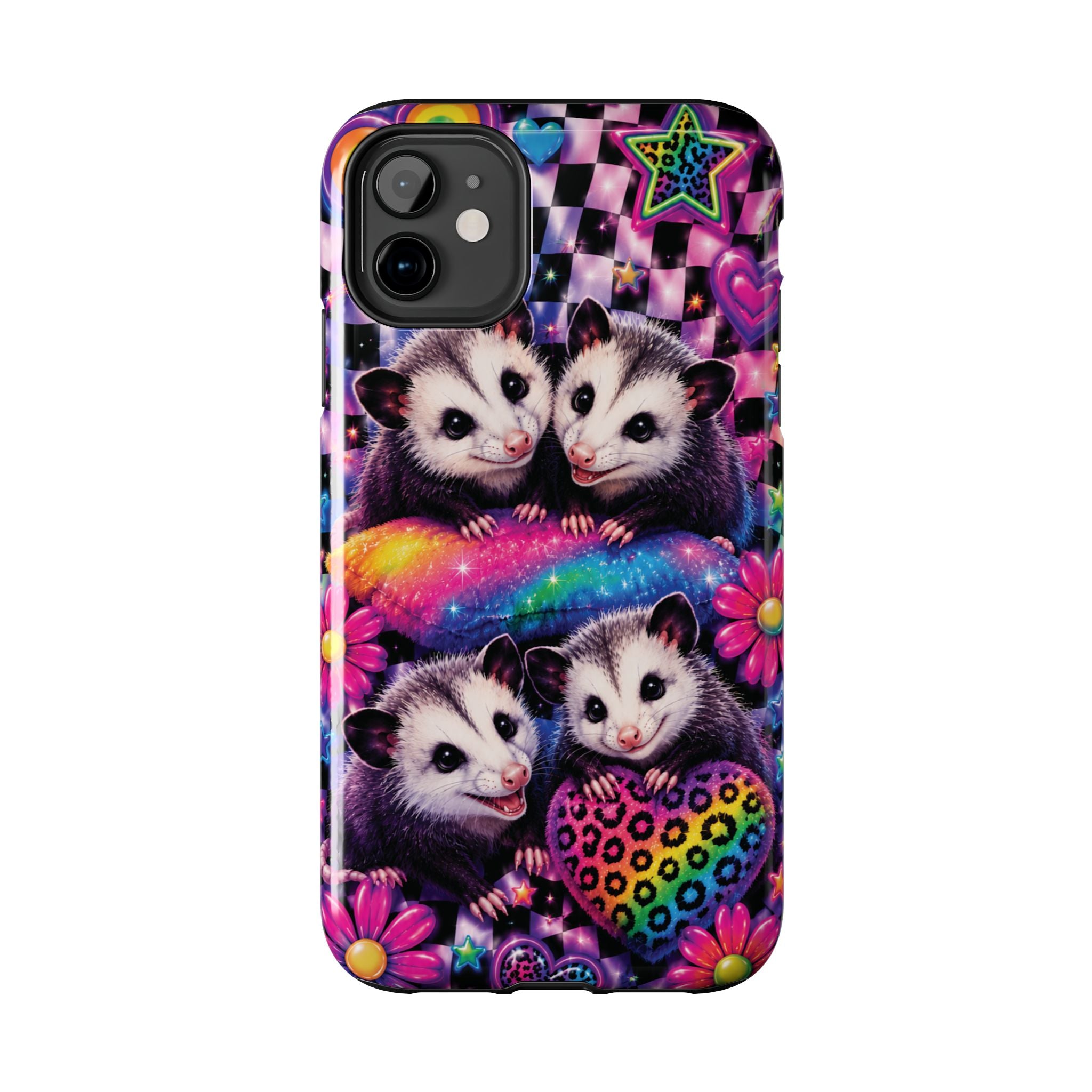 Cute 90's Retro Opossums Phone Case | Neon Flowers, Checkerboard Design Iphone Samsung Phone Case
