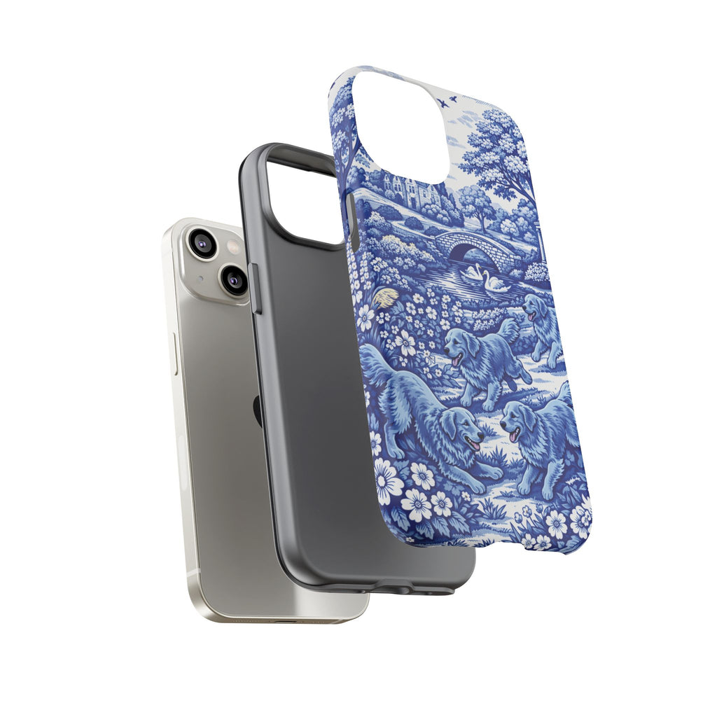 Golden Retriever Tough Phone Case, Chinoiserie Blue Dog Pattern, French Toile Aesthetic