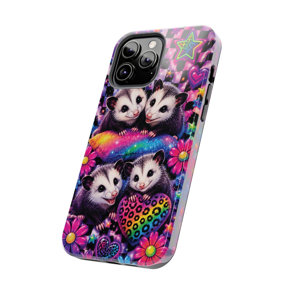 Cute 90's Retro Opossums Phone Case | Neon Flowers, Checkerboard Design Iphone Samsung Phone Case