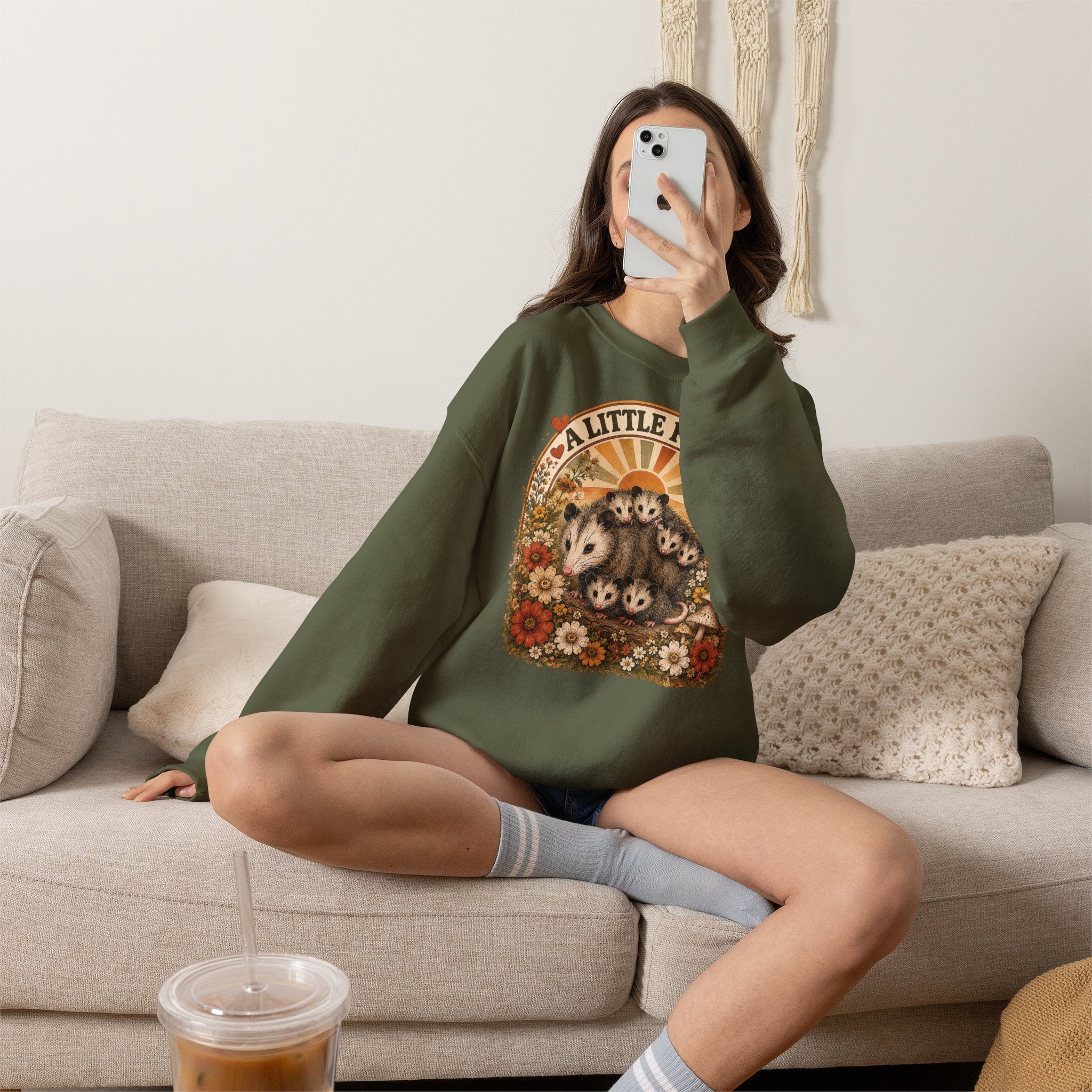 Retro Cute Opossum Sweatshirt | Vintage Floral Design, 1970's Style Sweatshirt Graphic